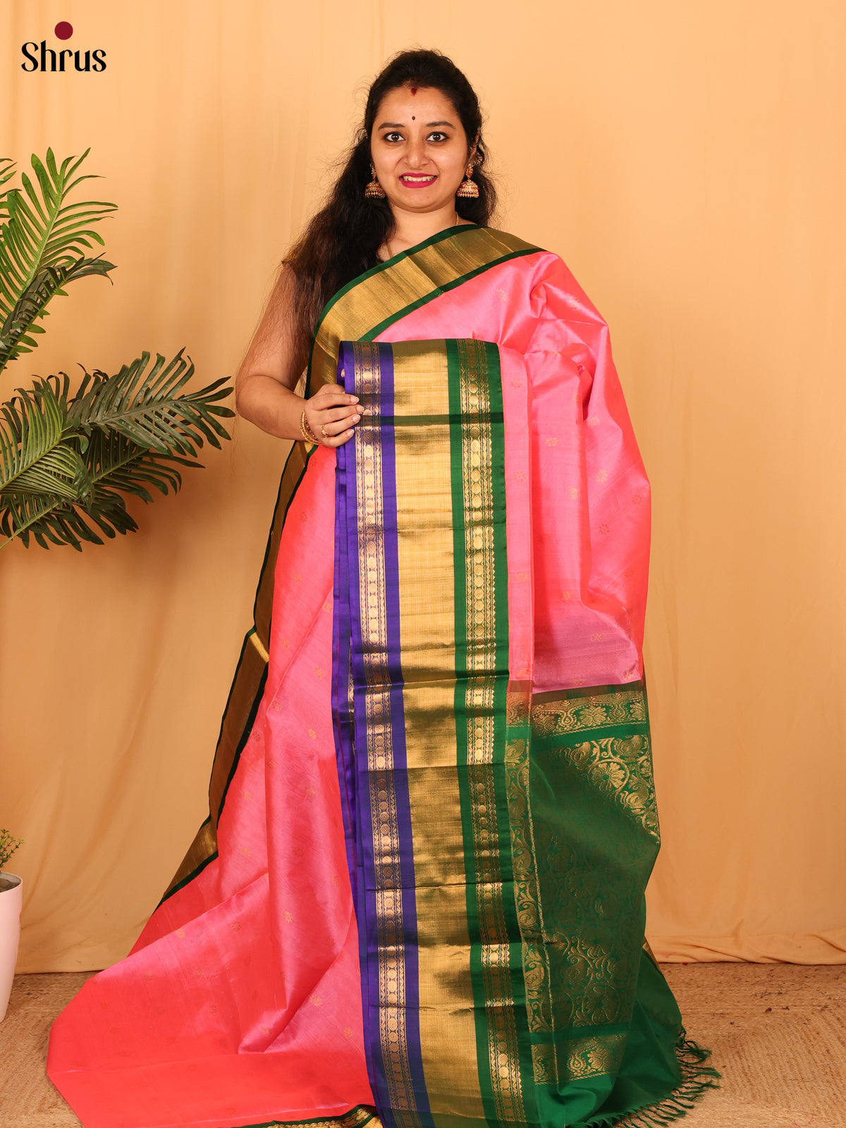 Pink & Green - Silk Cotton Saree - Shop on Shrus.com