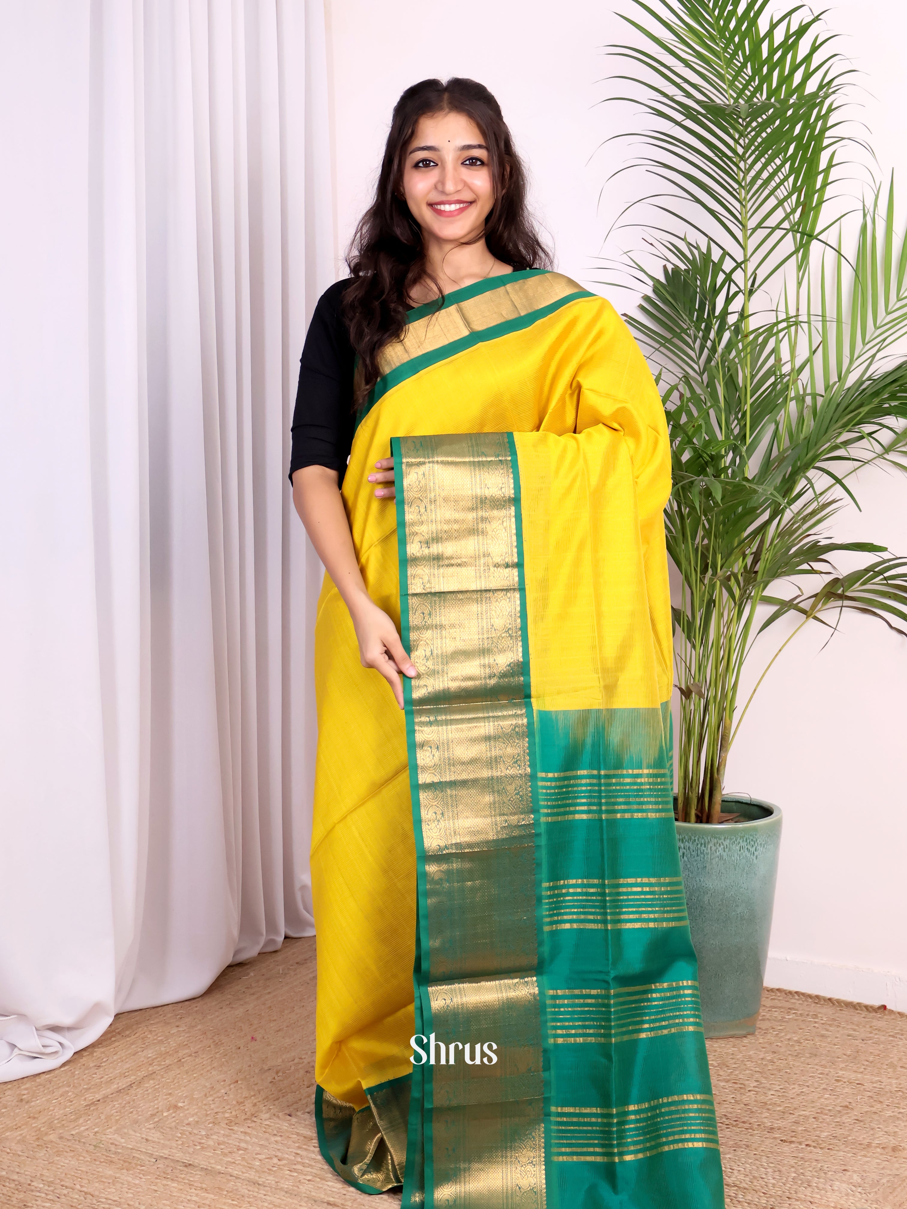 Yellow & Green - Silk Cotton Saree - Shop on Shrus.com