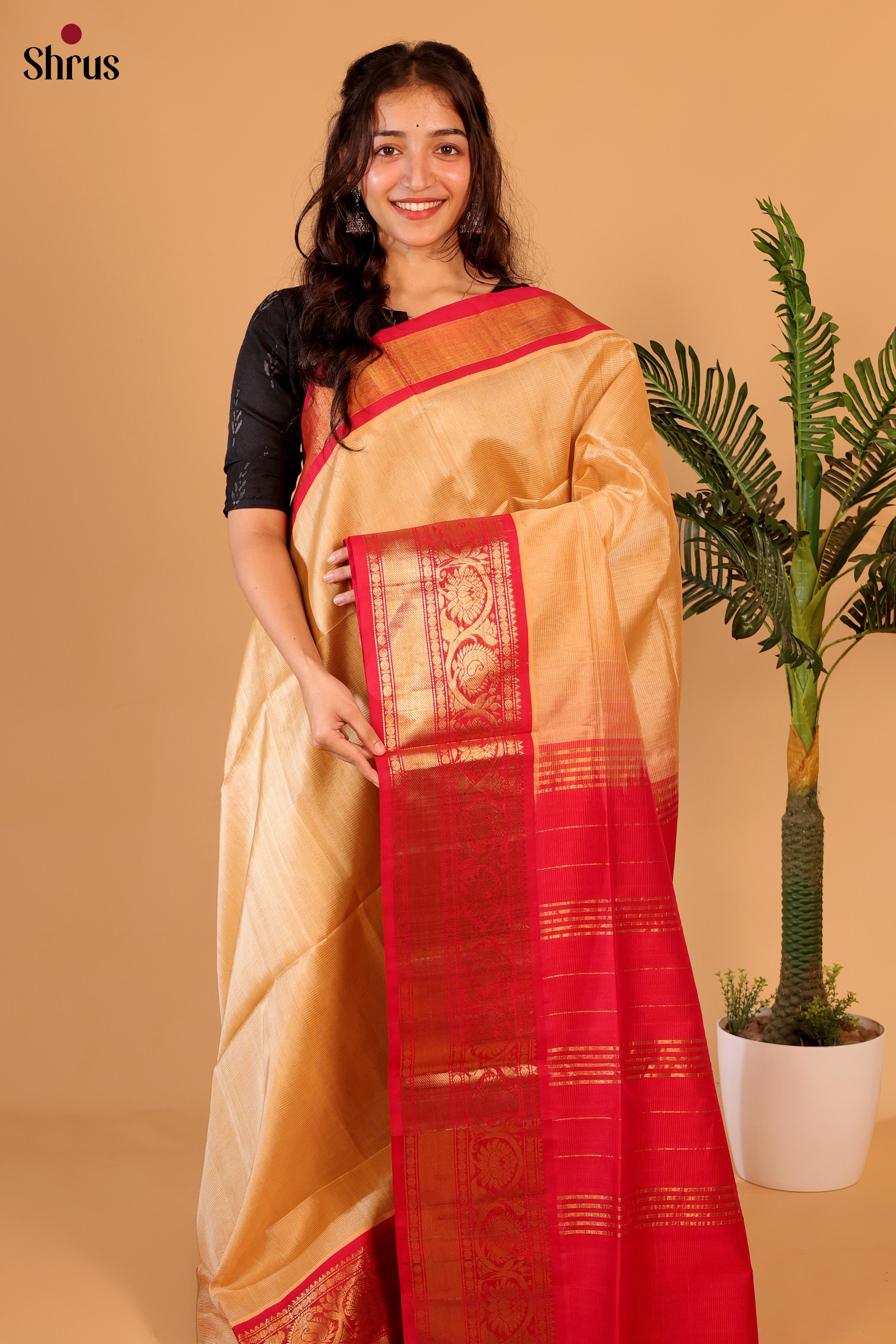 Peach & Red- Silk Cotton Saree - Shop on Shrus.com