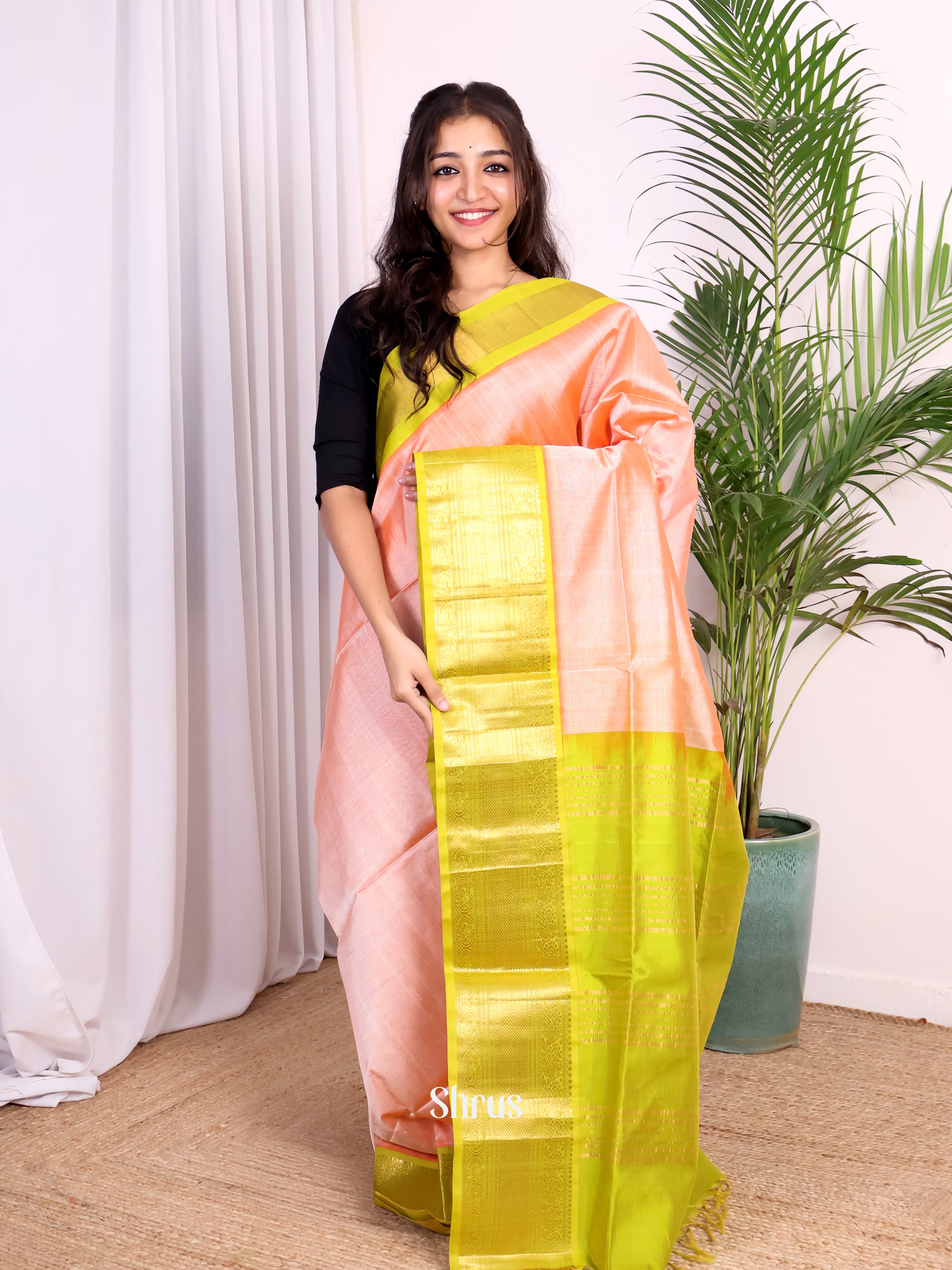 Peach & Green - Silk Cotton Saree - Shop on Shrus.com