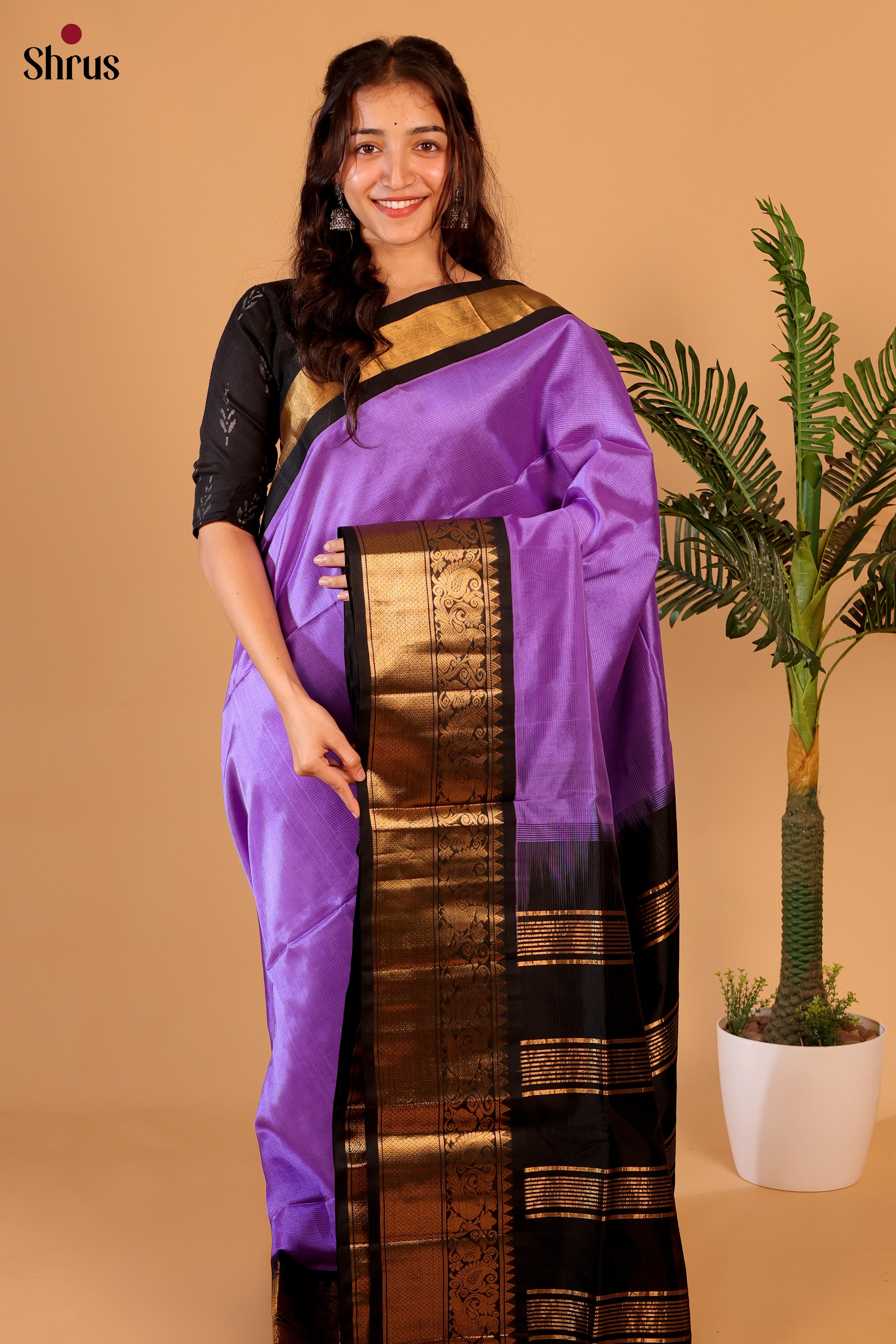 Purple & Brown- Silk Cotton Saree - Shop on Shrus.com