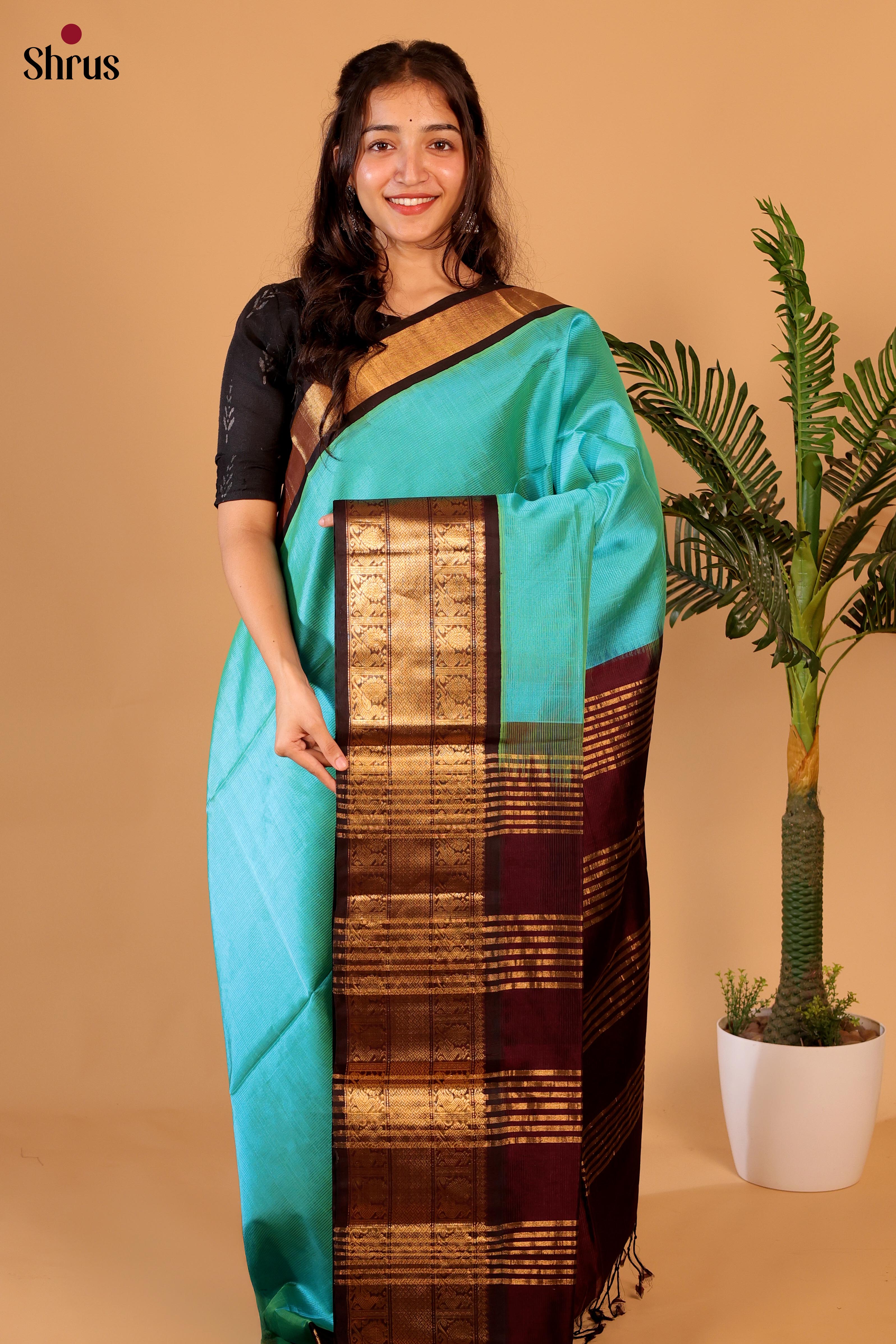 Teal & Brown - Silk Cotton Saree - Shop on Shrus.com