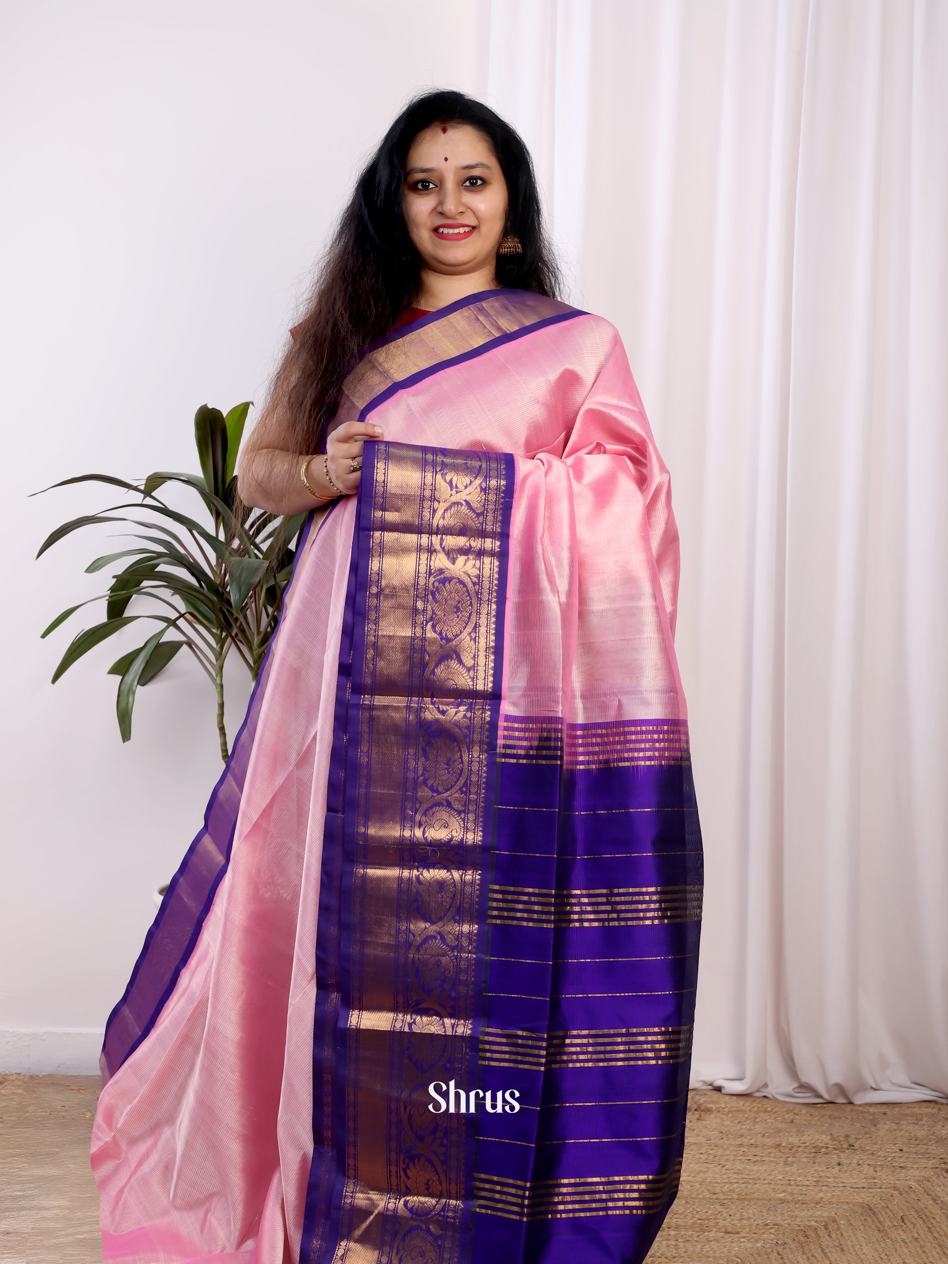 Pink & Blue - Silk Cotton Saree - Shop on Shrus.com