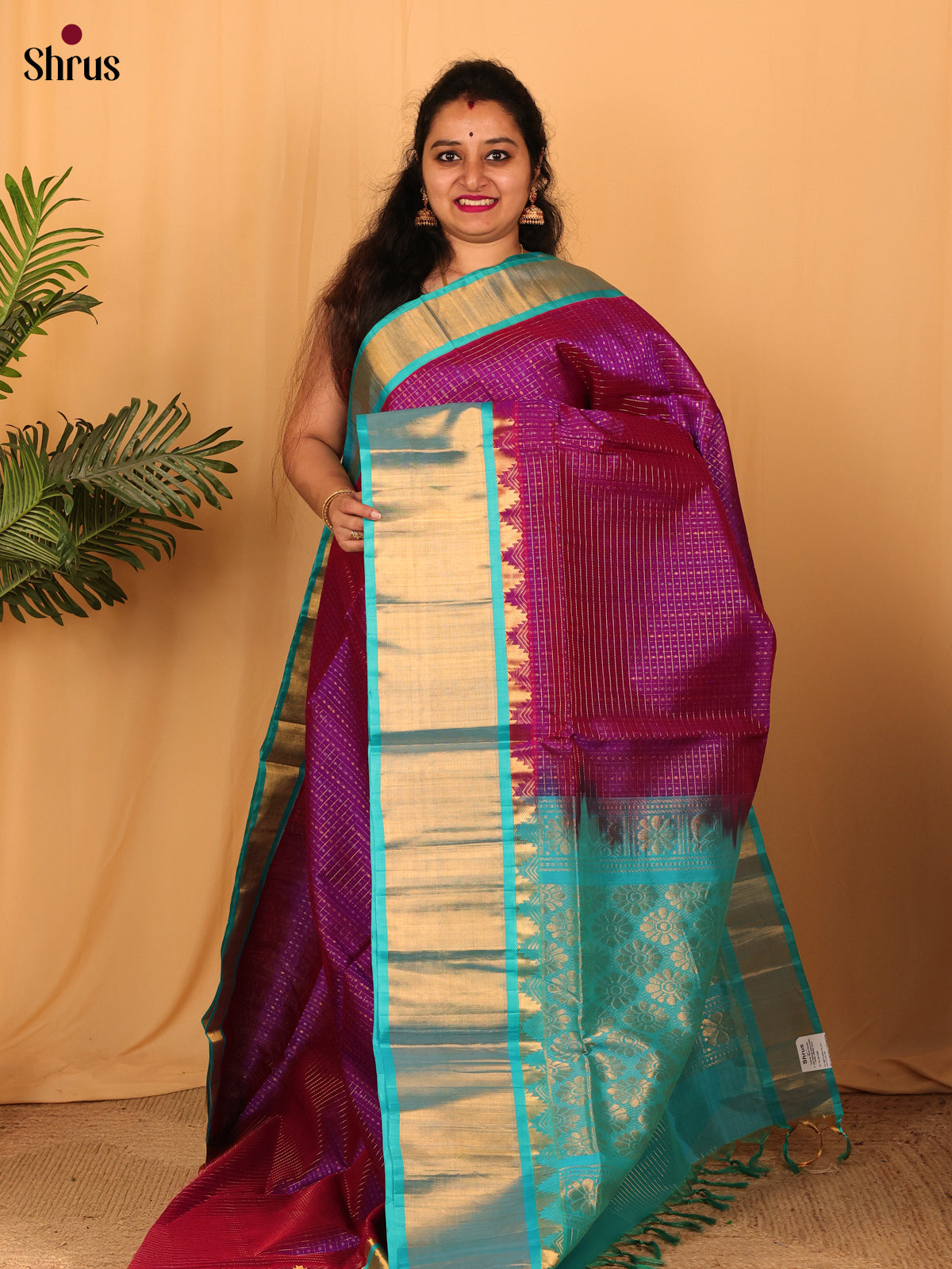 Violet & Teal - Silk Cotton Saree - Shop on Shrus.com