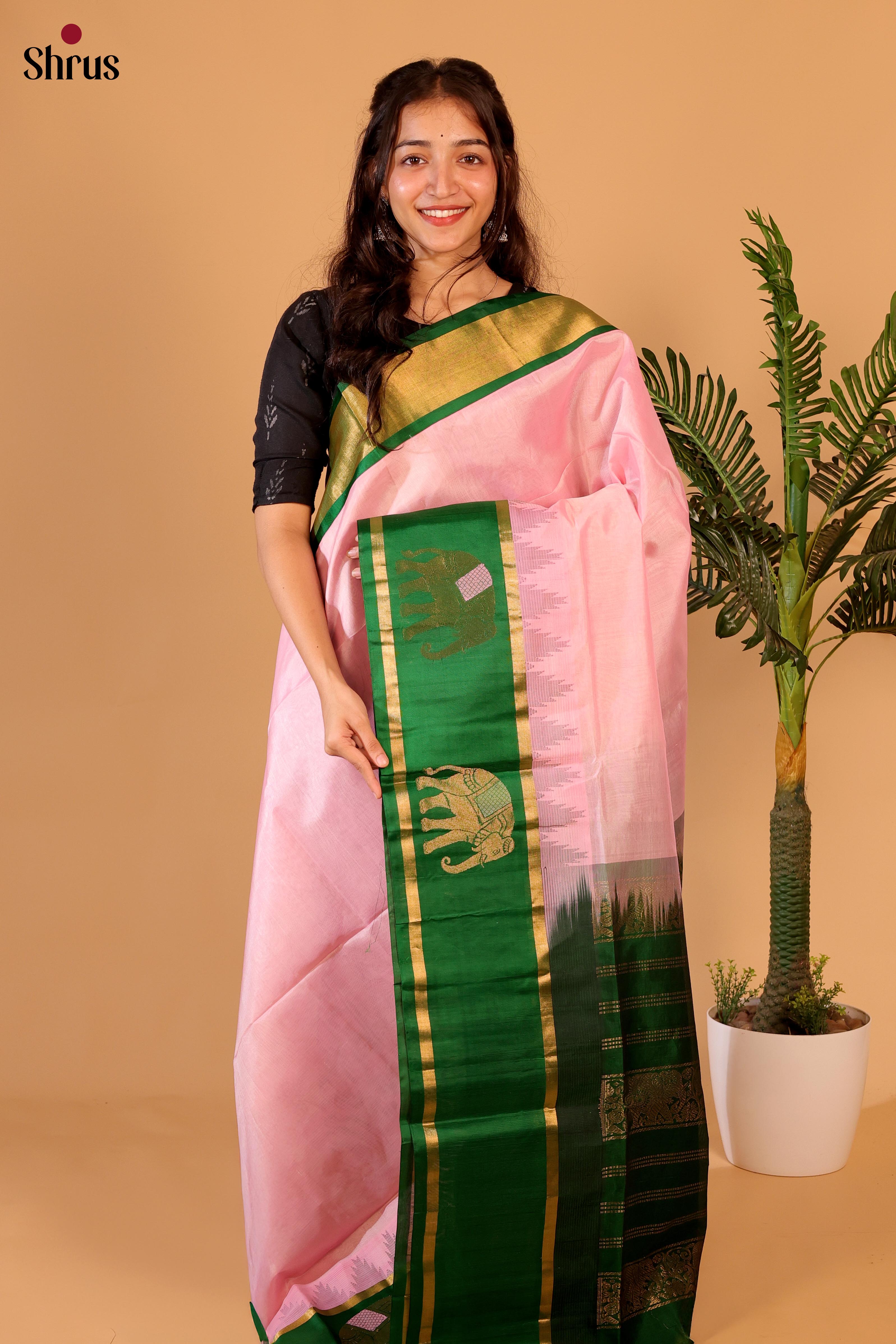 Pink & Green - Silk Cotton Saree - Shop on Shrus.com