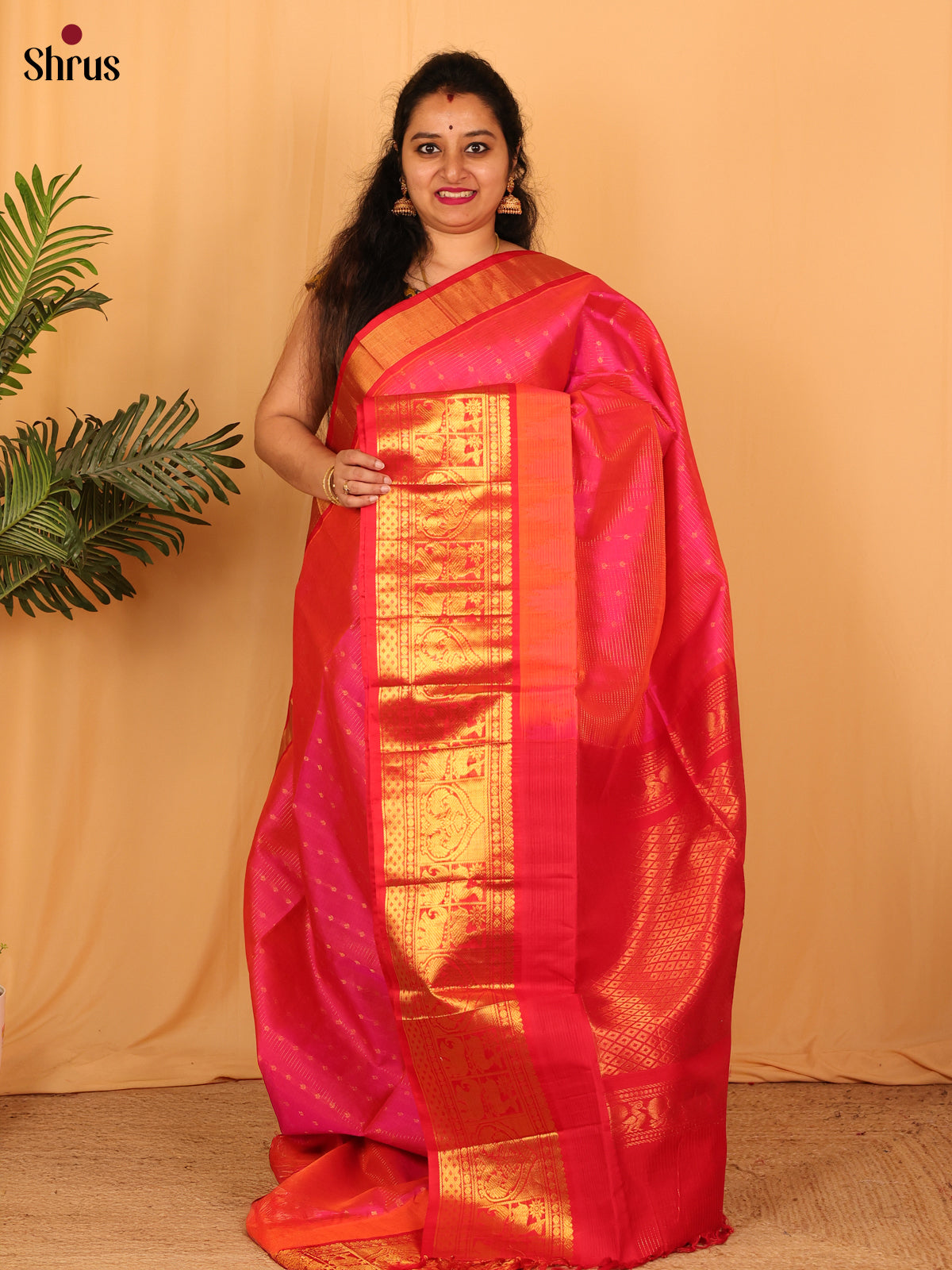 Pink & Red - Silk Cotton Saree - Shop on Shrus.com