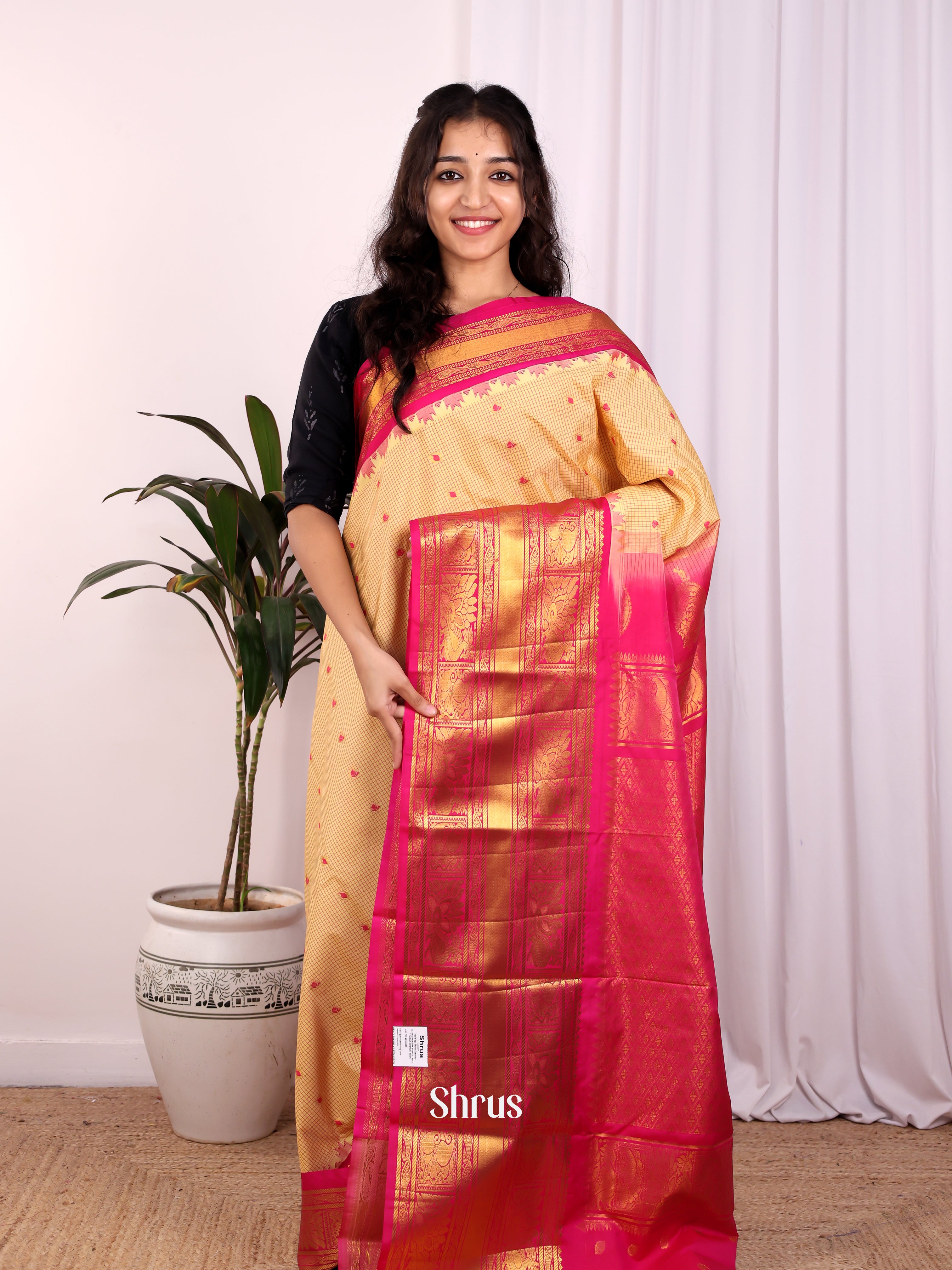 Pale Yellow & Pink - Gadwal halfpure Saree - Shop on Shrus.com