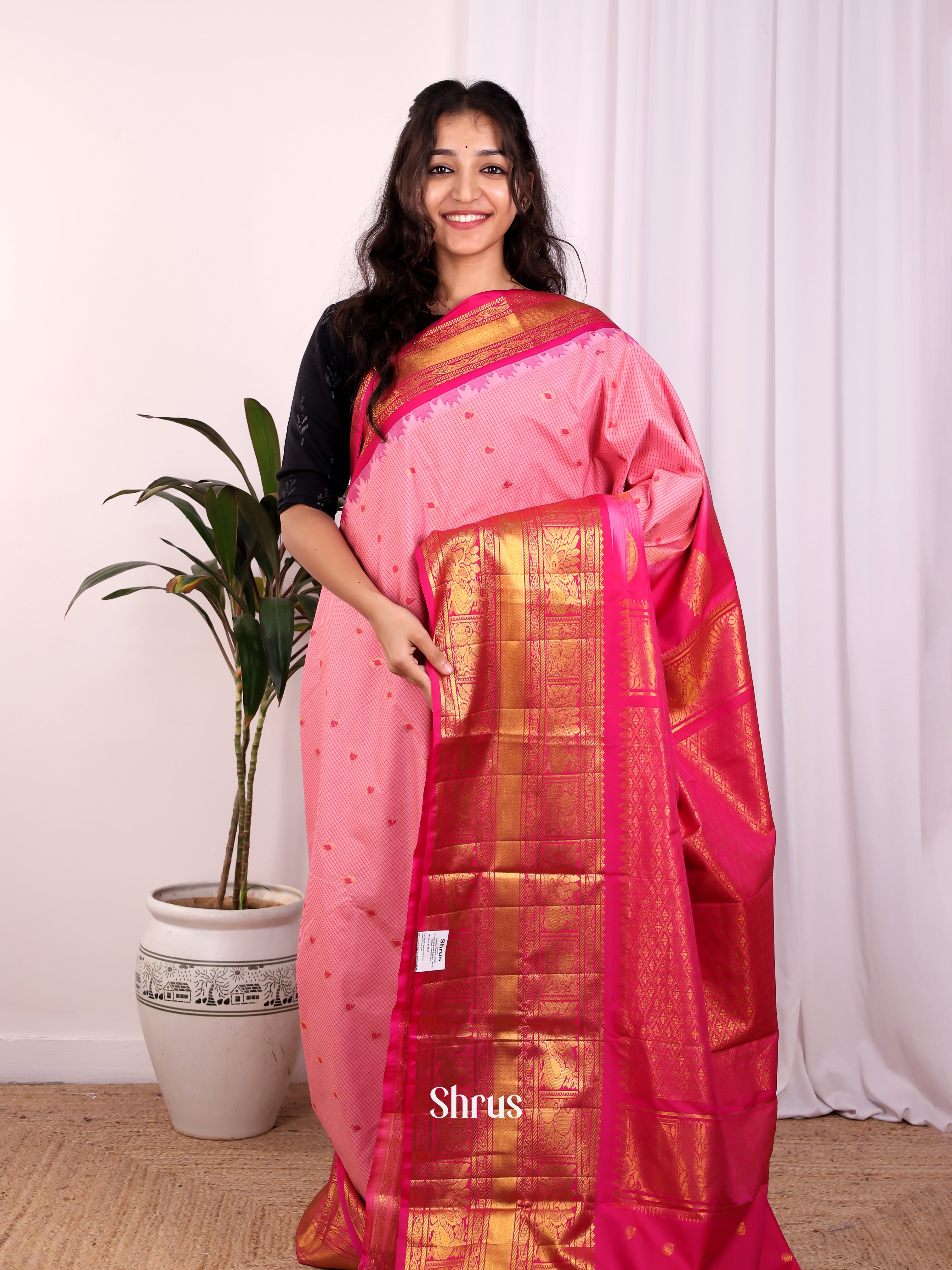 Lite Pink & Pink- Gadwal halfpure Saree - Shop on Shrus.com