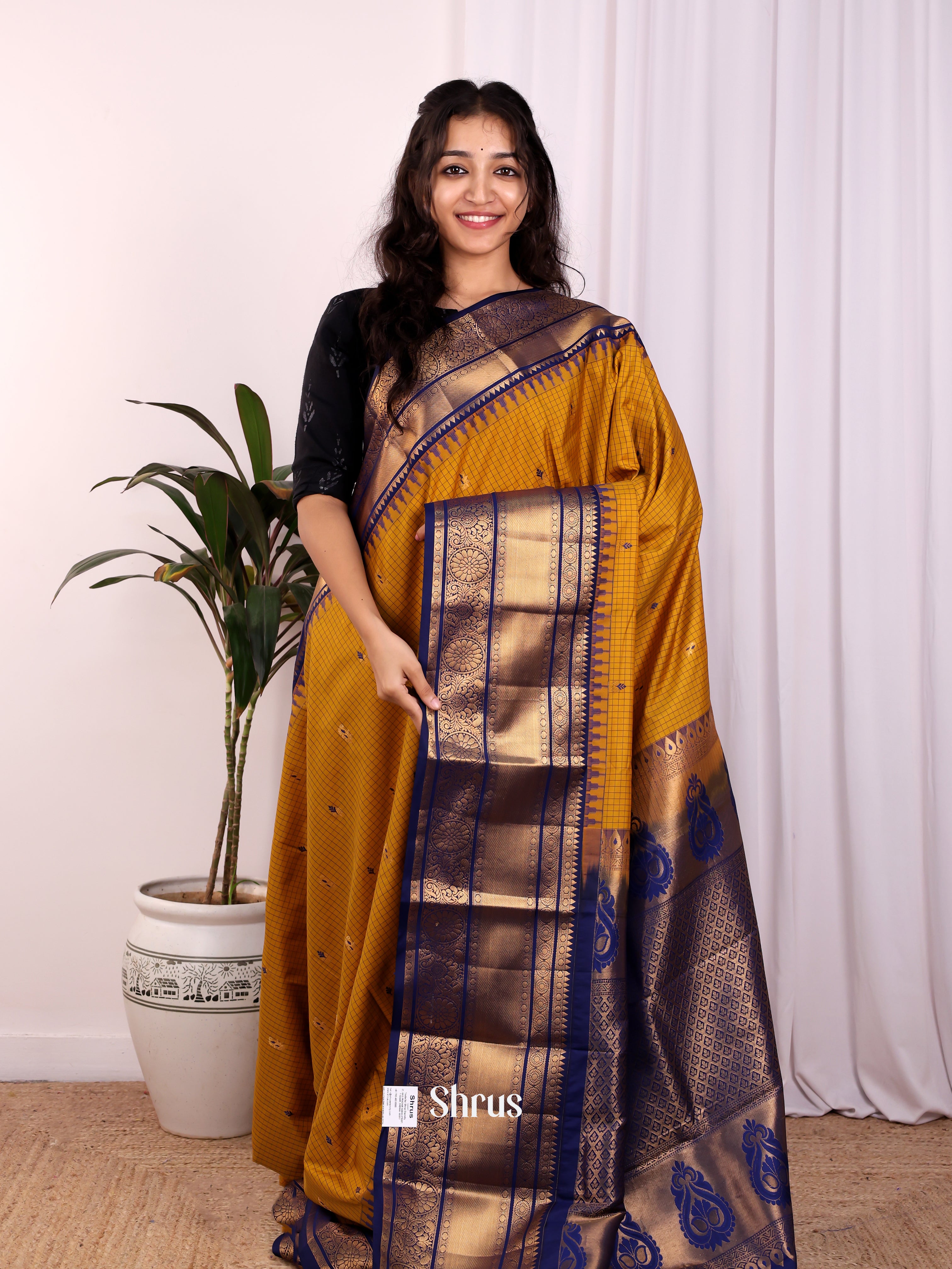 Mustard & Blue - Gadwal halfpure Saree - Shop on Shrus.com
