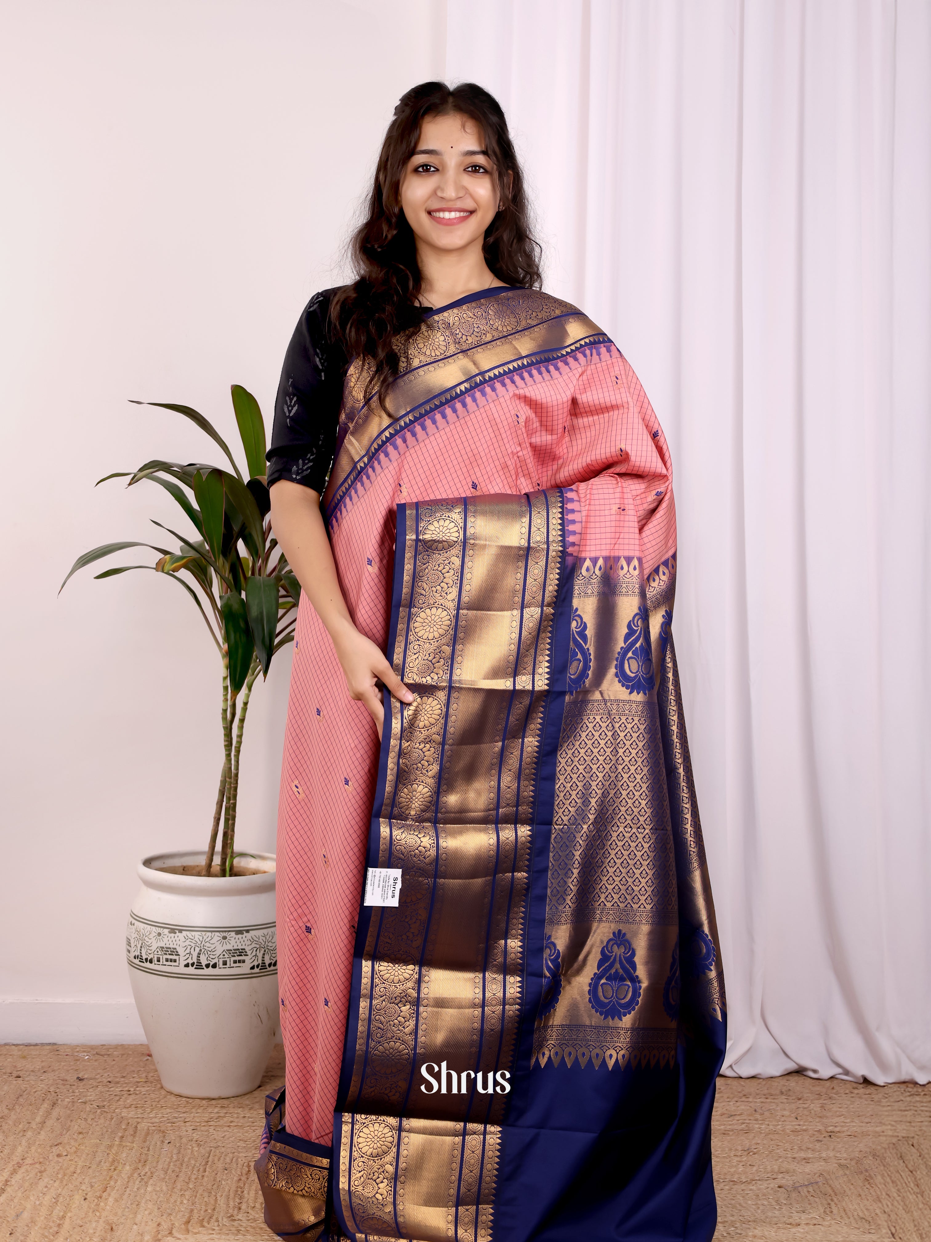 Pink & Blue - Gadwal halfpure Saree - Shop on Shrus.com