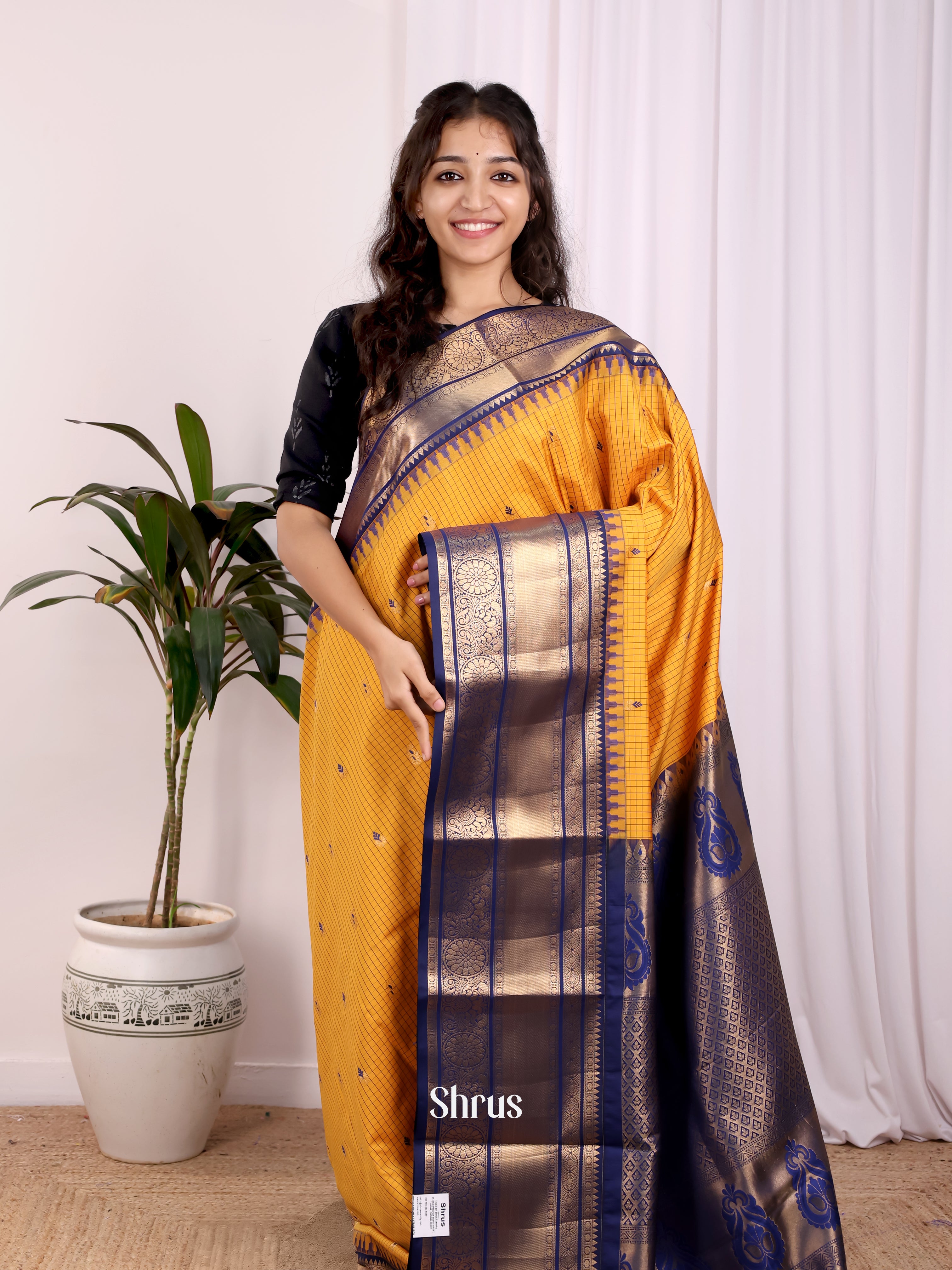 Yellow & Blue - Gadwal halfpure Saree - Shop on Shrus.com