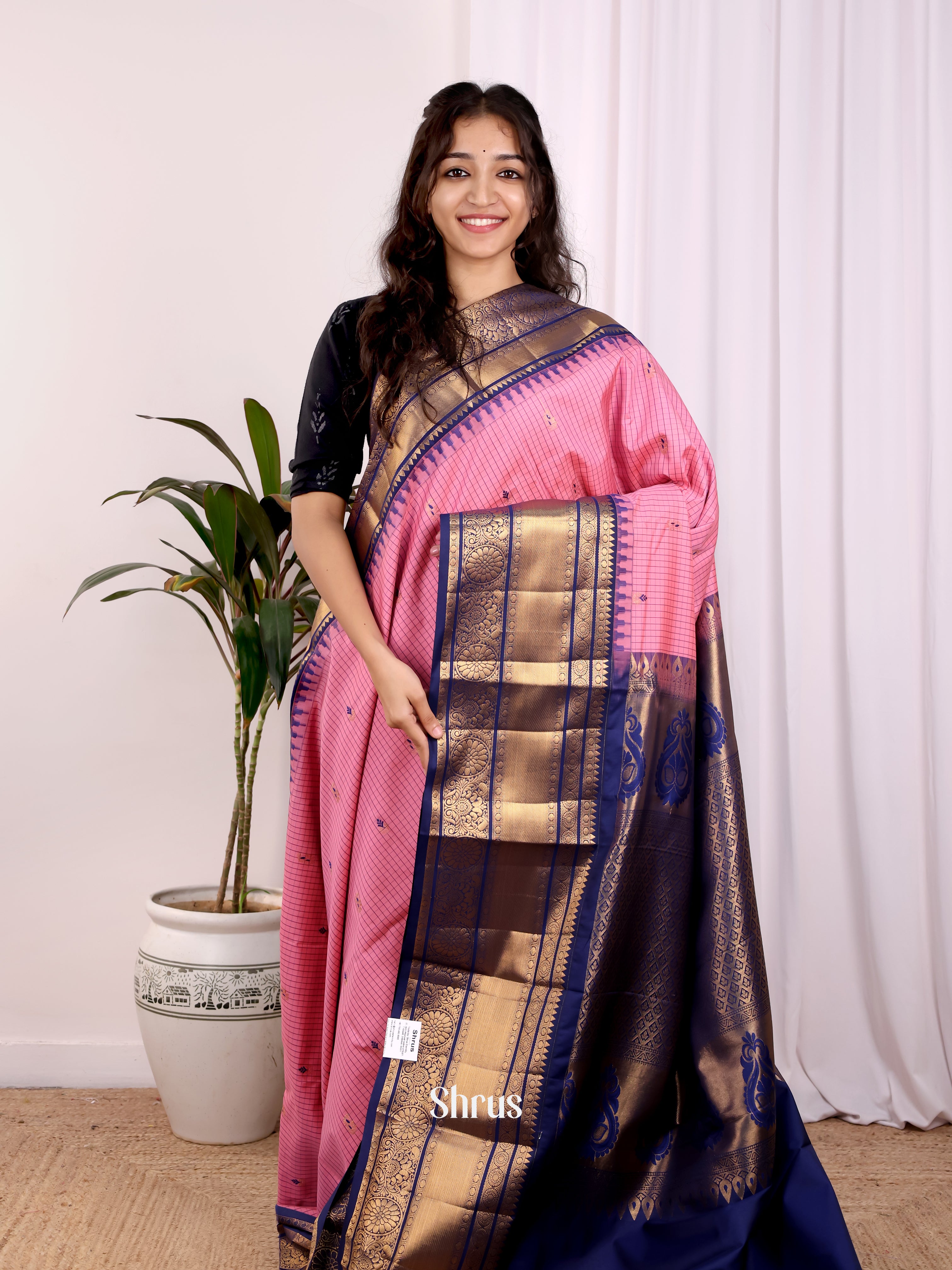 Pink & Blue - Gadwal halfpure Saree - Shop on Shrus.com