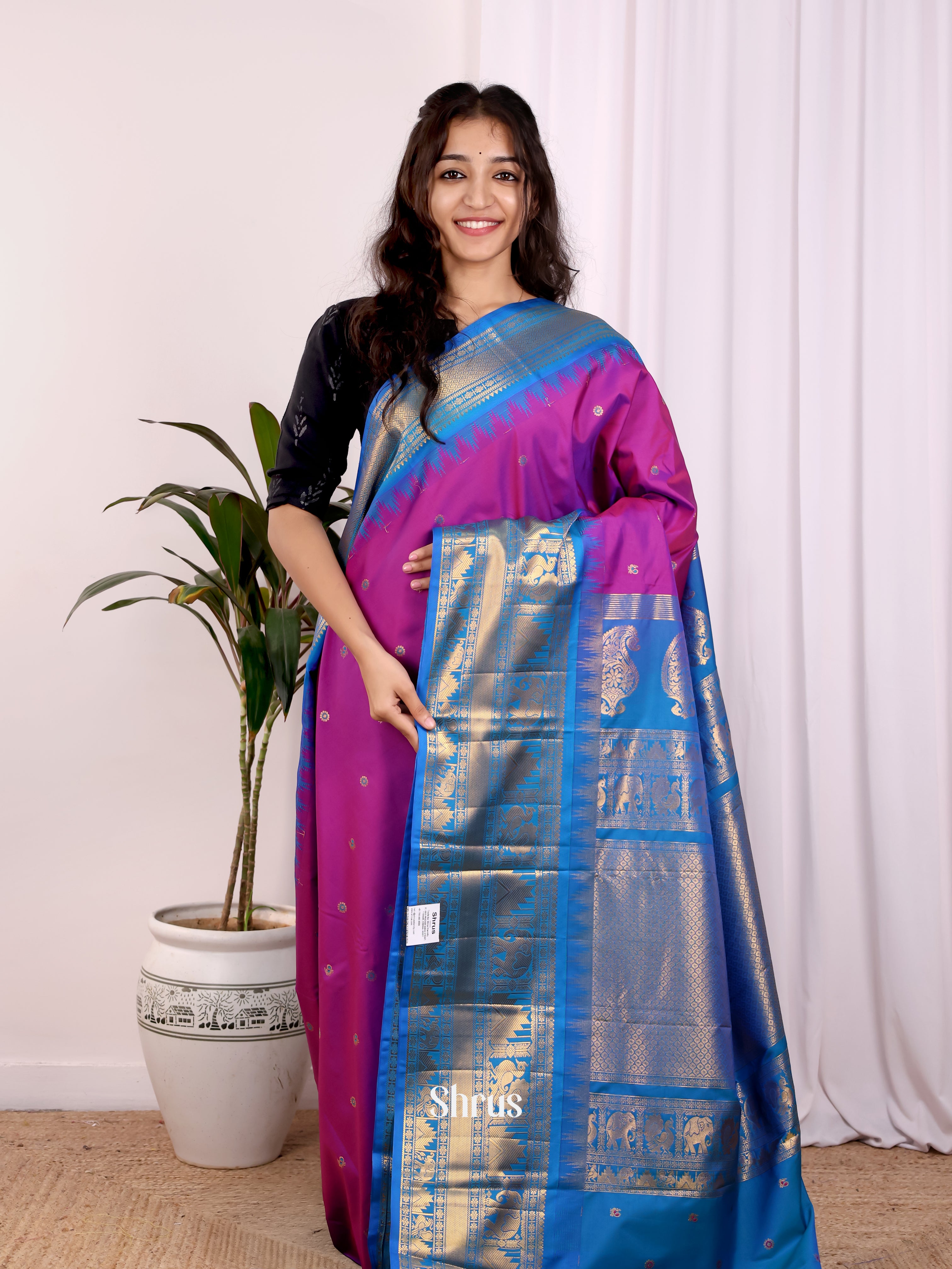 Purple & Blue - Gadwal halfpure Saree - Shop on Shrus.com
