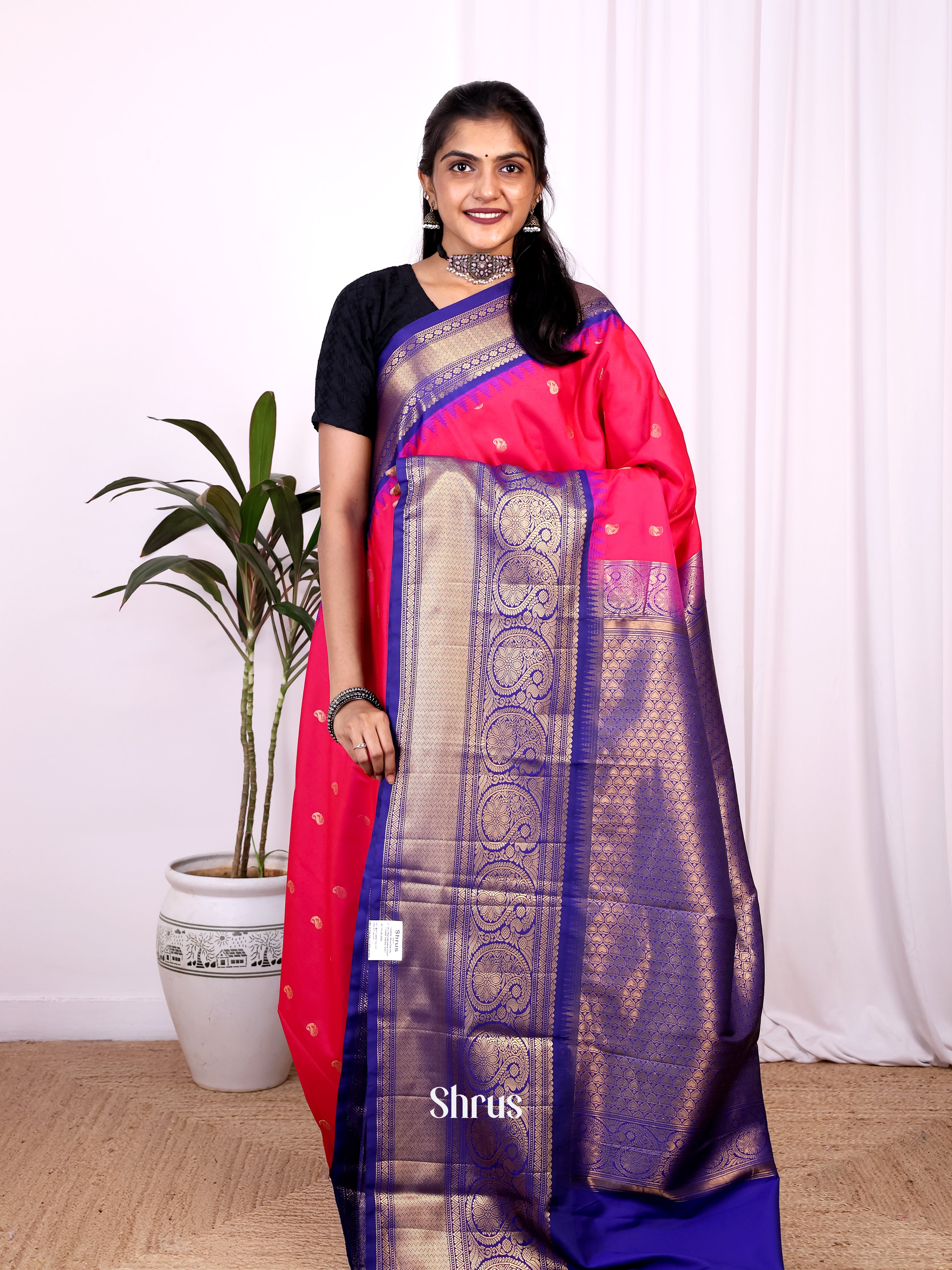 Pink & Blue - Gadwal halfpure Saree - Shop on Shrus.com