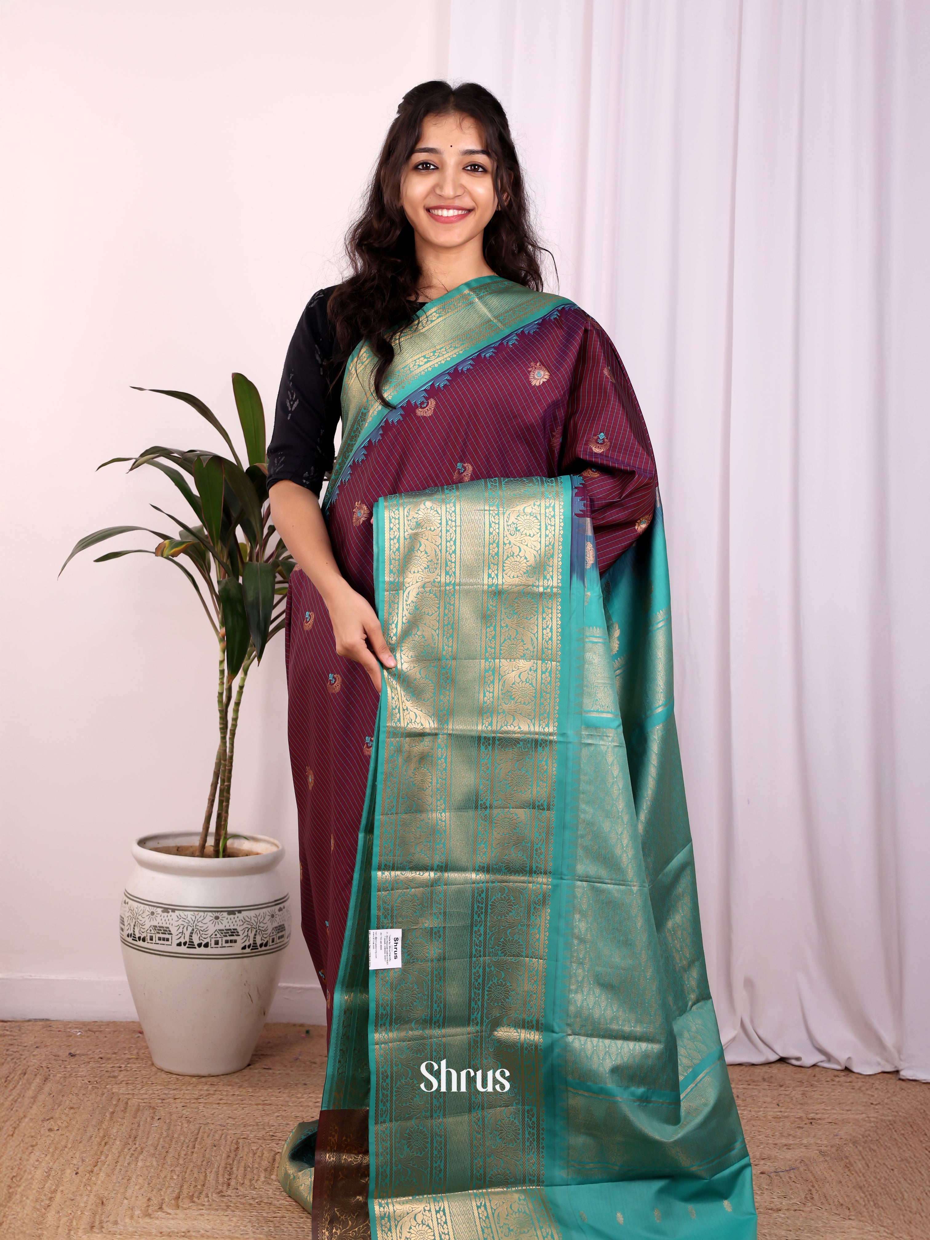 Brown & Teal - Gadwal halfpure Saree - Shop on Shrus.com