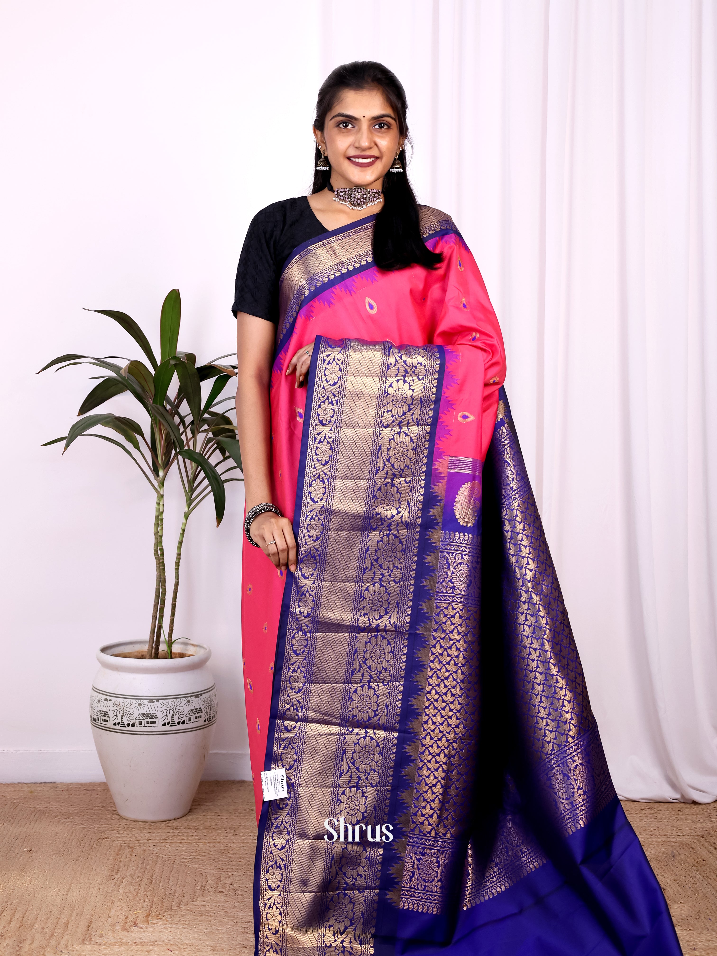 Pink & Blue - Gadwal halfpure Saree - Shop on Shrus.com