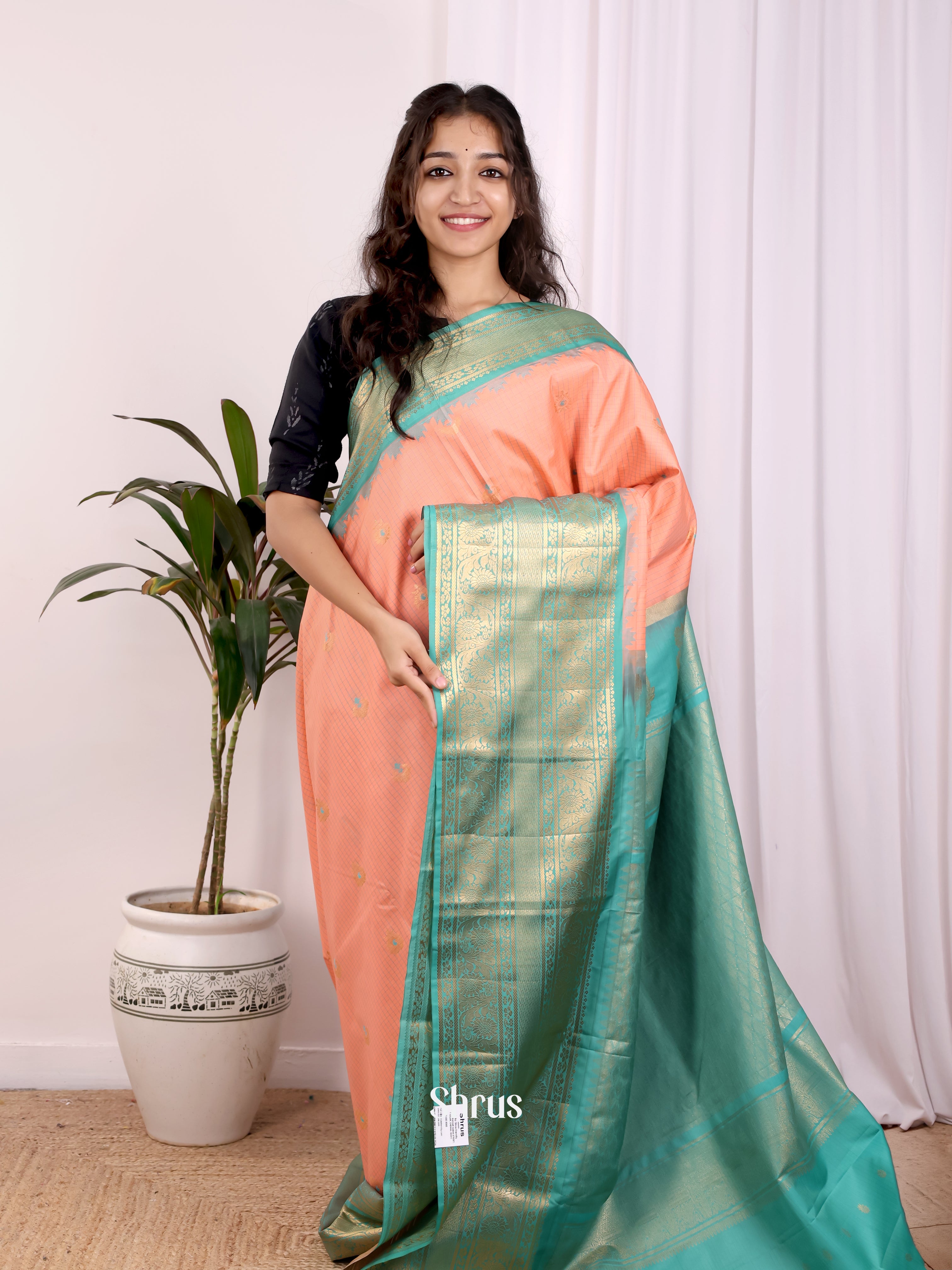 Peach & Teal- Gadwal halfpure Saree - Shop on Shrus.com