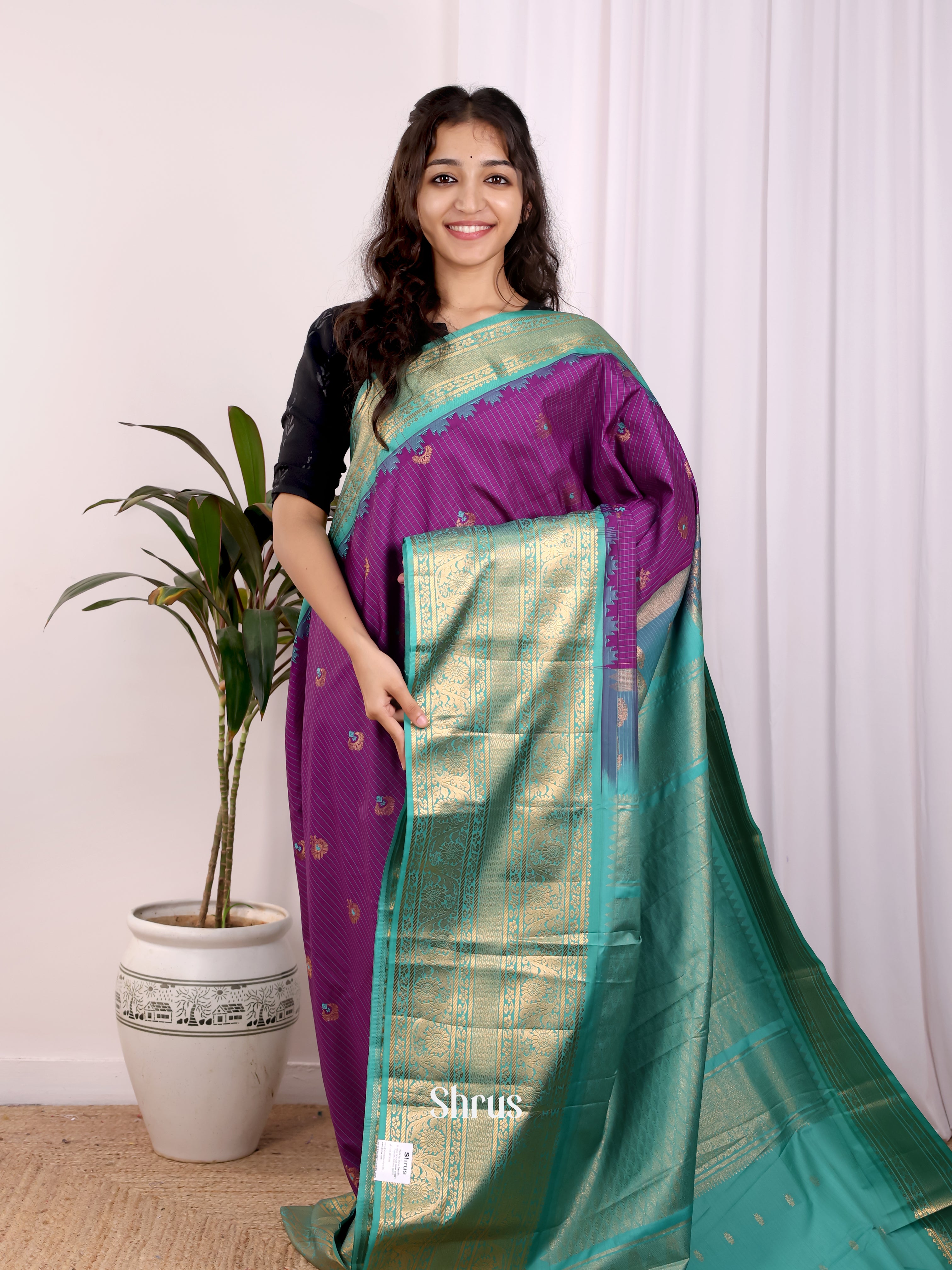 Violet & Teal - Gadwal halfpure Saree - Shop on Shrus.com