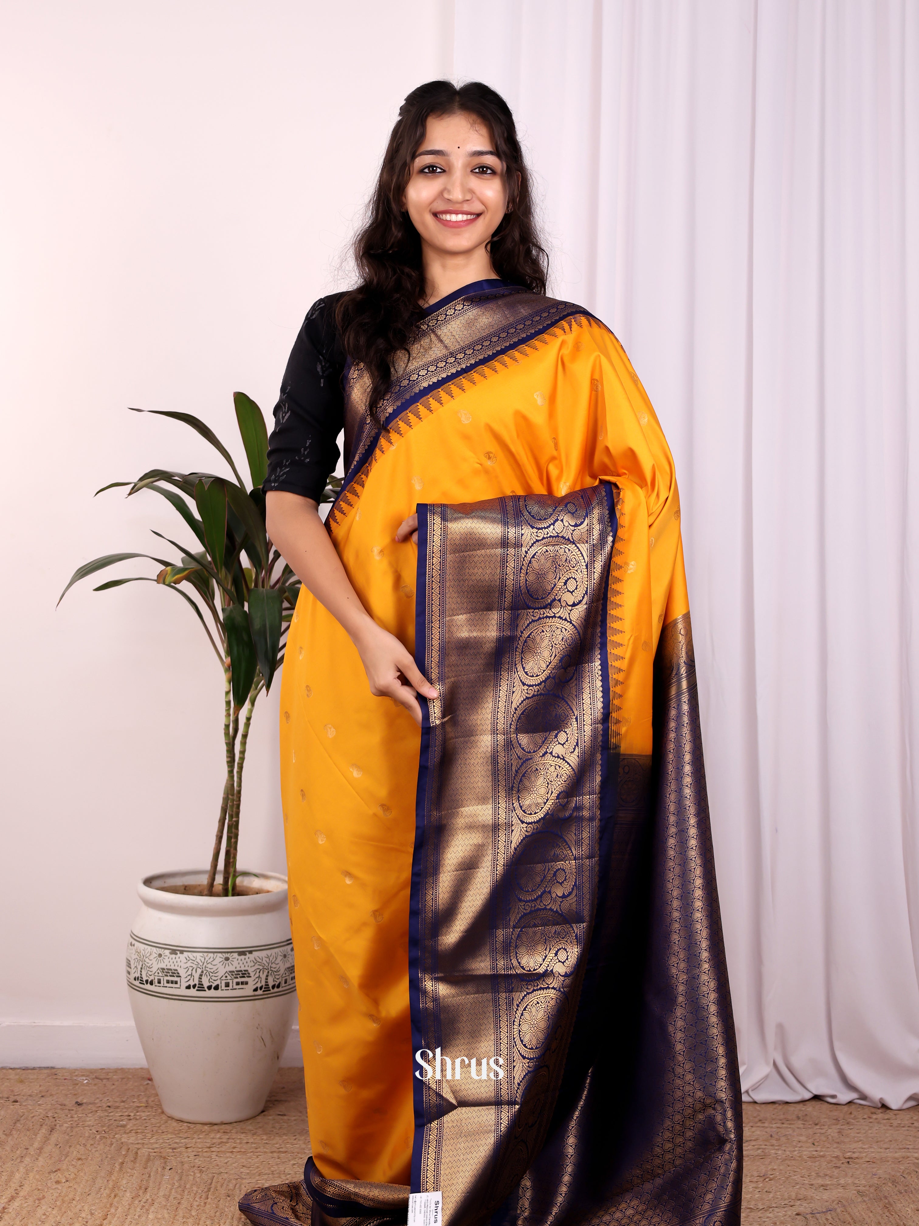 Mustard & Blue - Gadwal halfpure Saree - Shop on Shrus.com