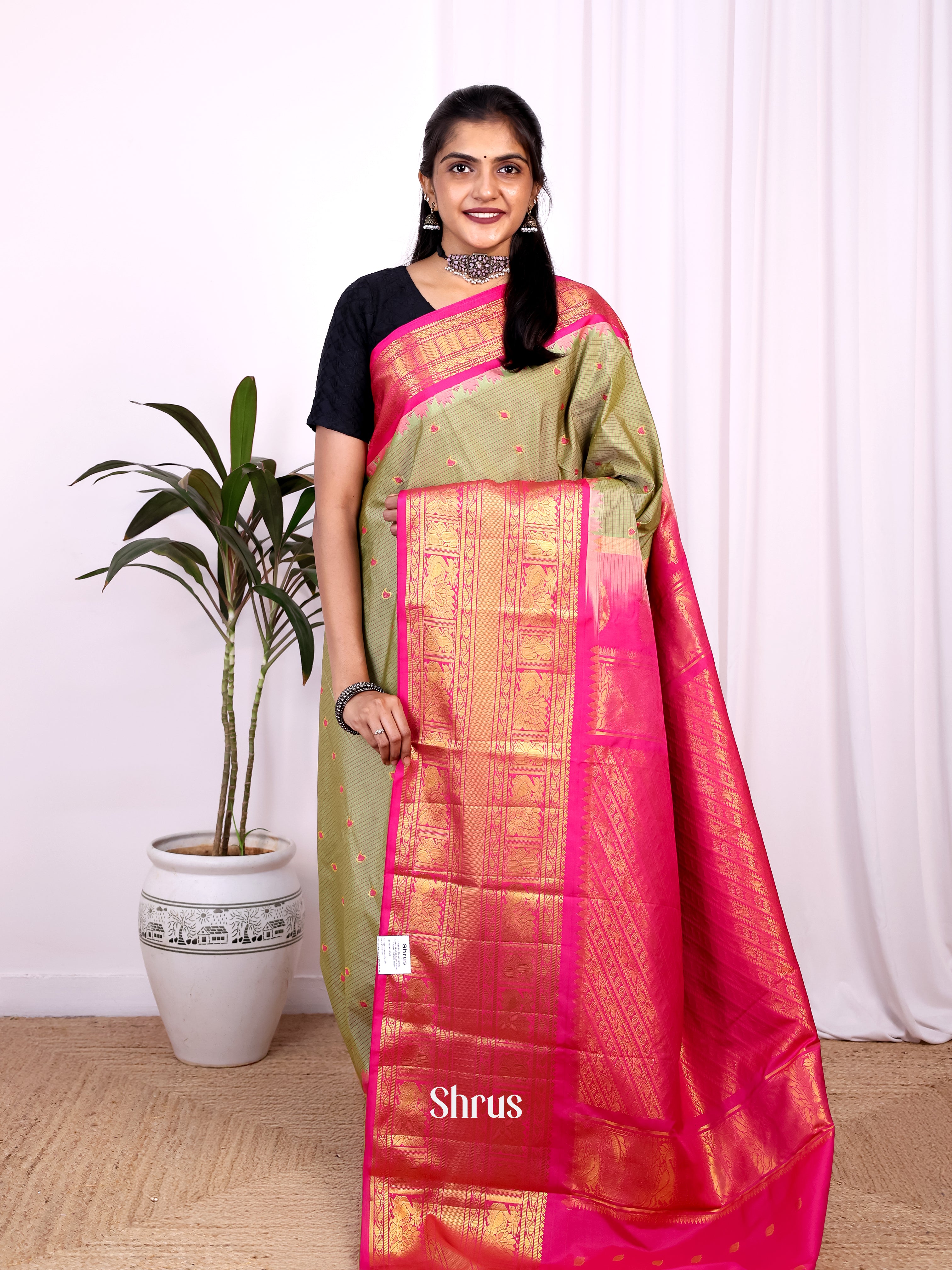 Green & Pink - Gadwal halfpure Saree - Shop on Shrus.com