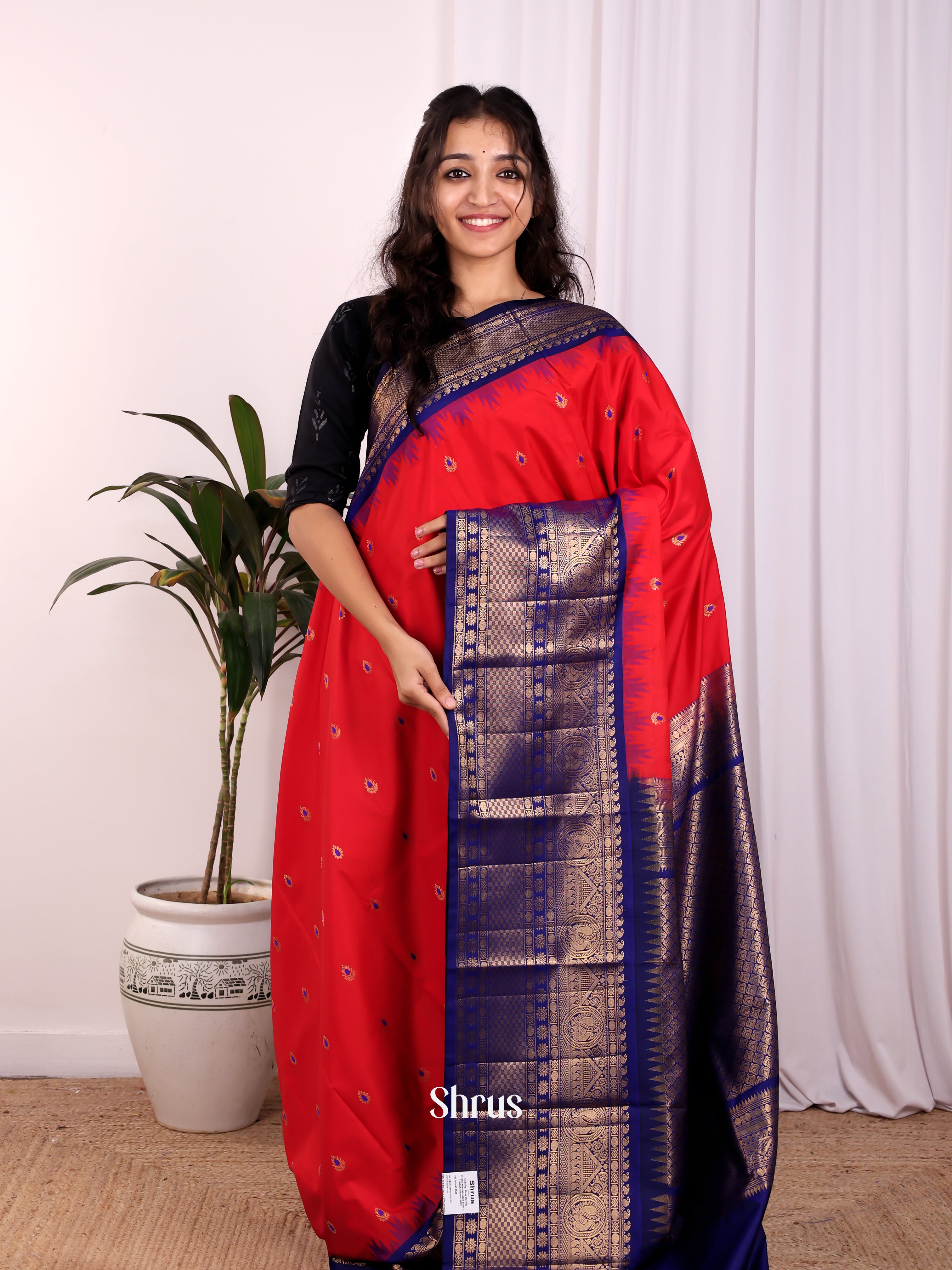 Red & Blue - Gadwal halfpure Saree - Shop on Shrus.com
