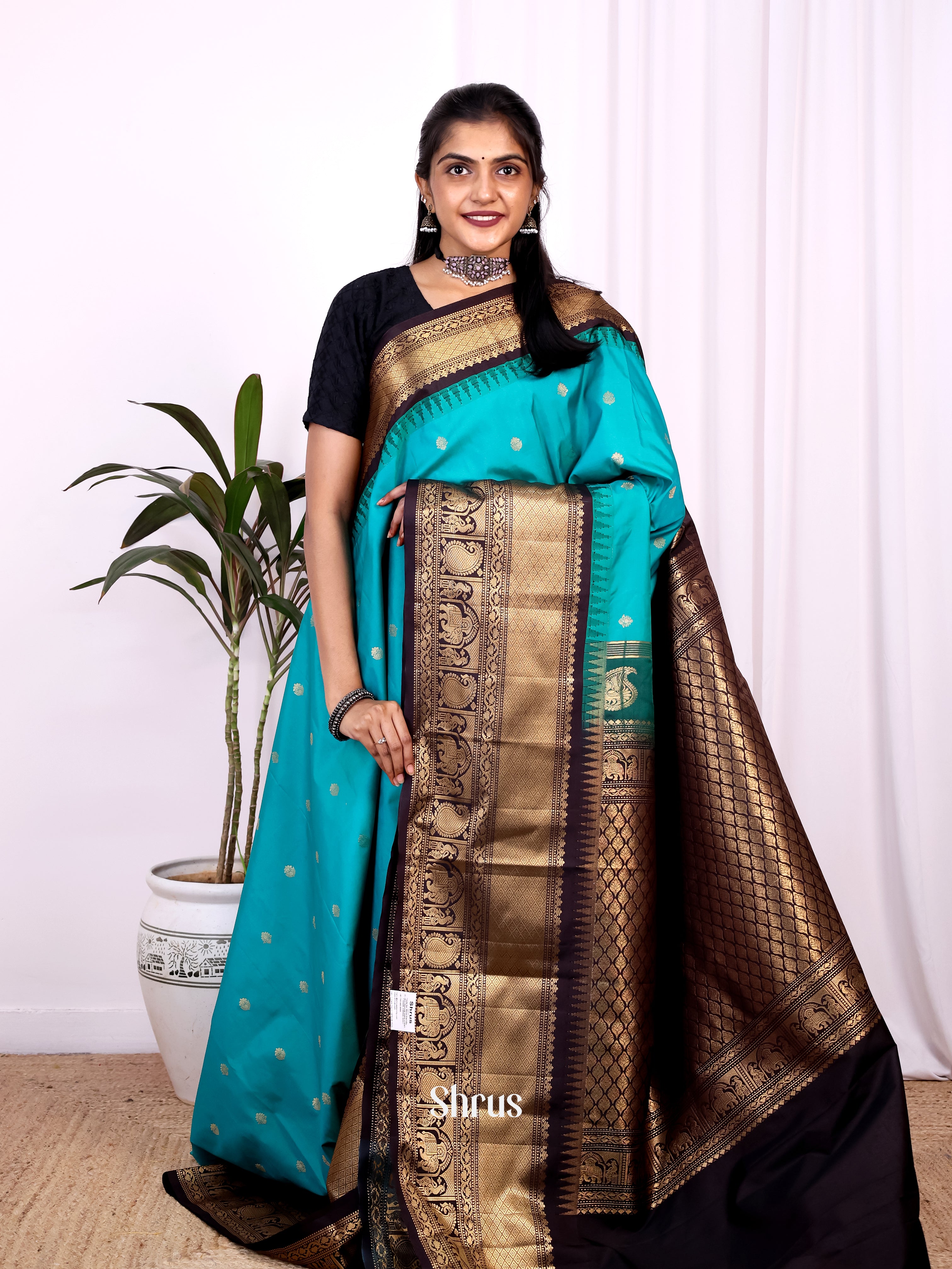 Blue & Brown- Gadwal halfpure Saree - Shop on Shrus.com