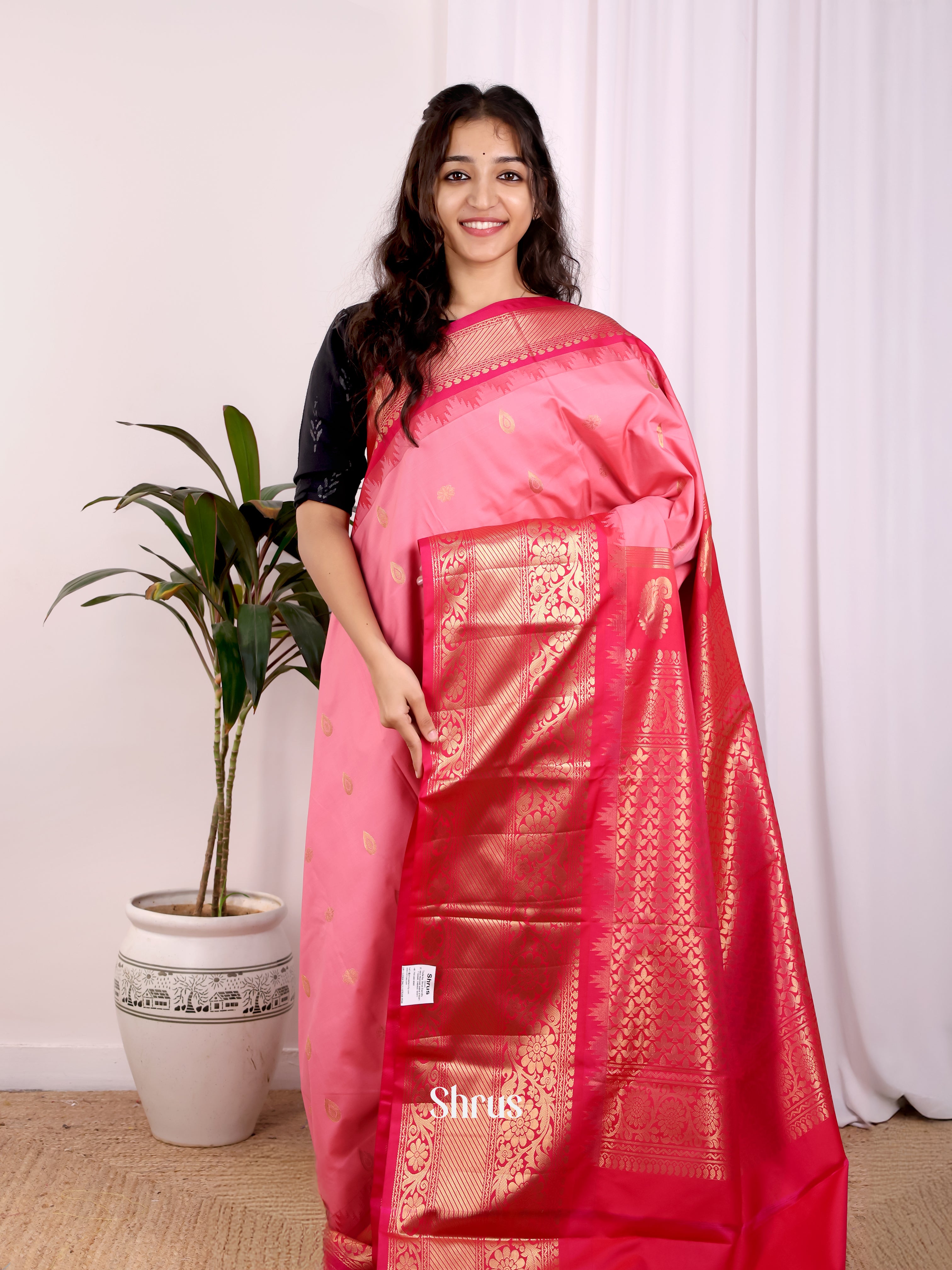 Lite Pink & Pink - Gadwal halfpure Saree - Shop on Shrus.com