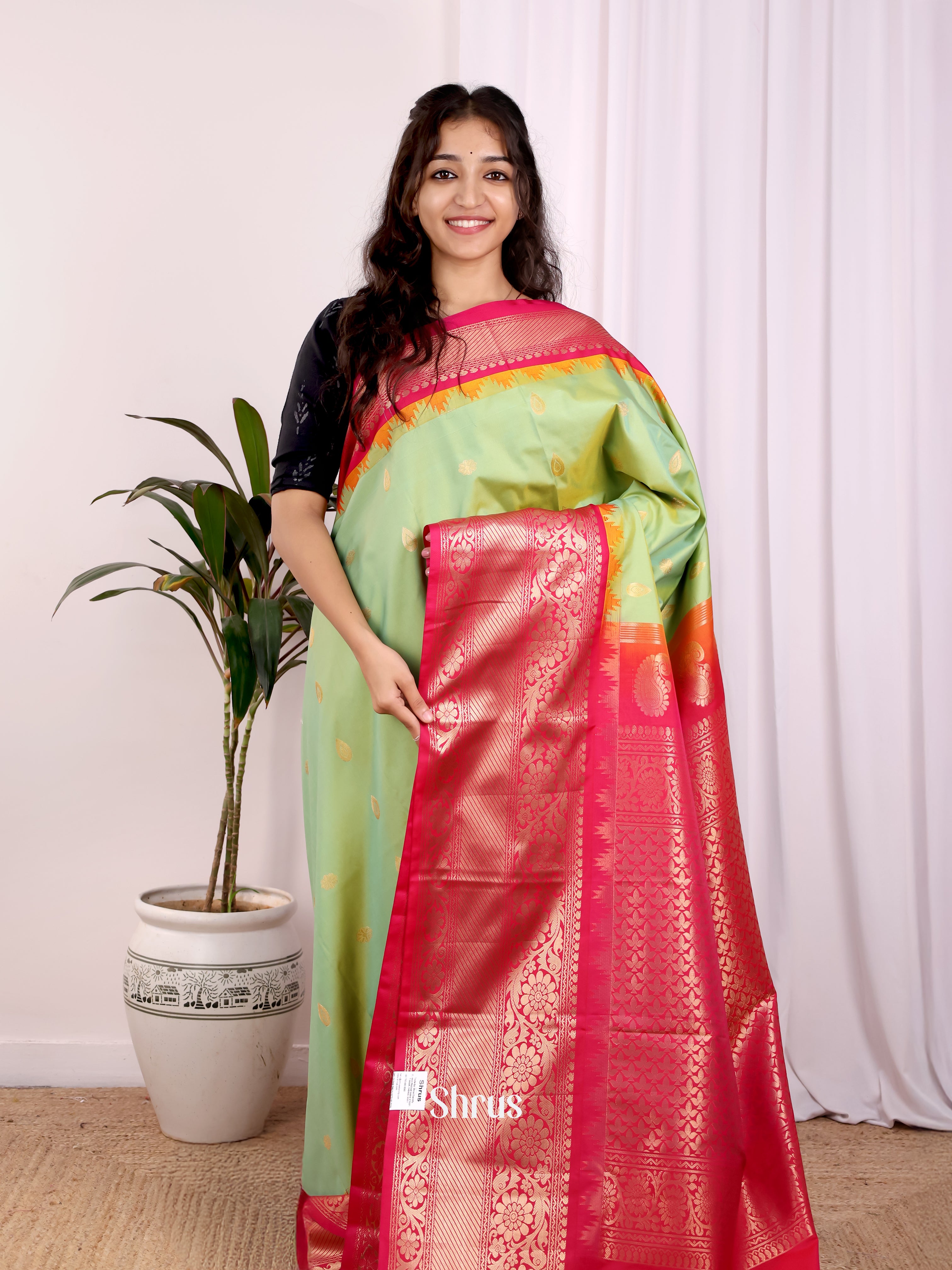 Green & Pink- Gadwal halfpure Saree - Shop on Shrus.com