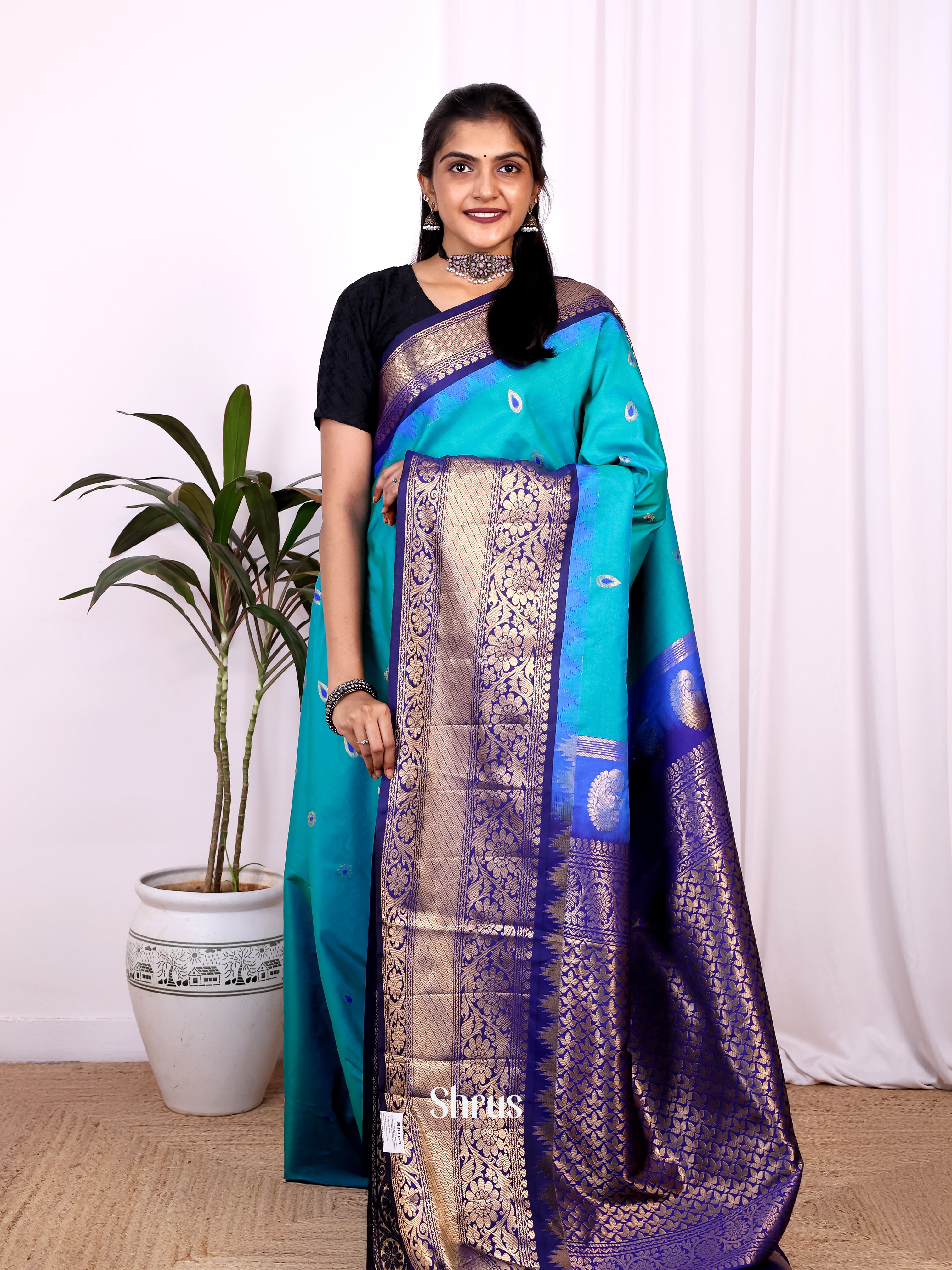 Teal & Blue- Gadwal halfpure Saree - Shop on Shrus.com
