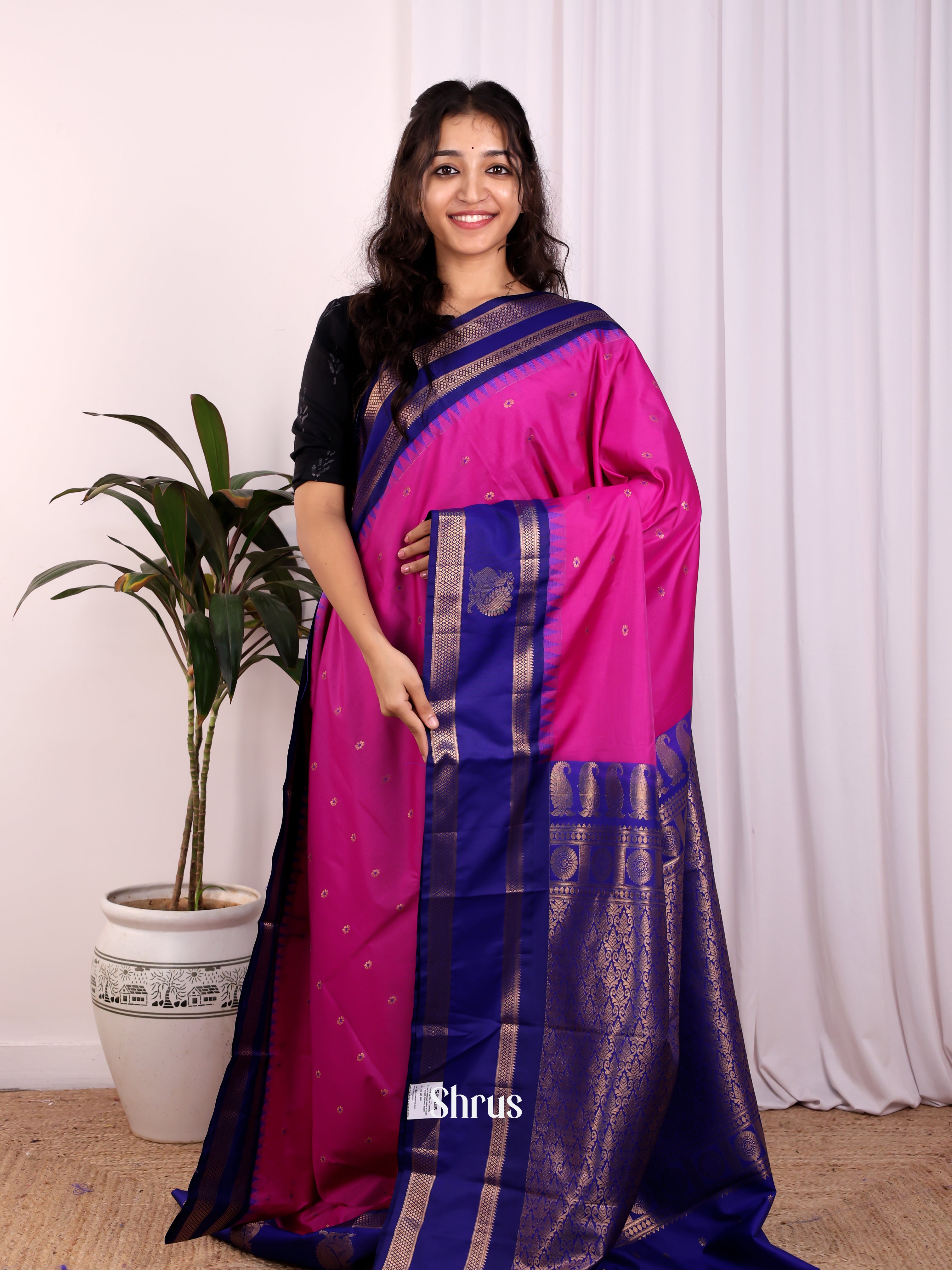 Majenta & Blue- Gadwal halfpure Saree - Shop on Shrus.com