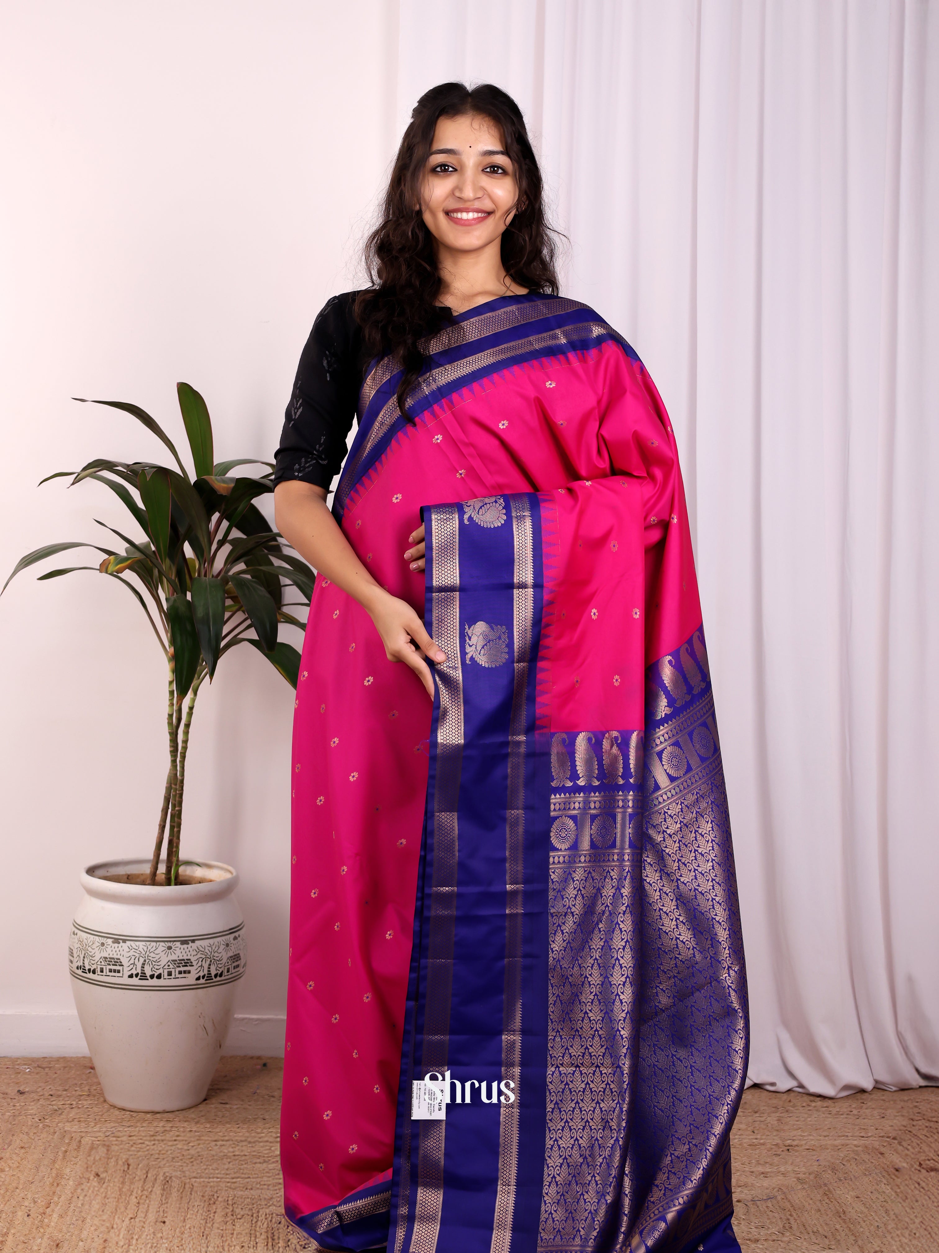 Pink & Blue - Gadwal halfpure Saree - Shop on Shrus.com