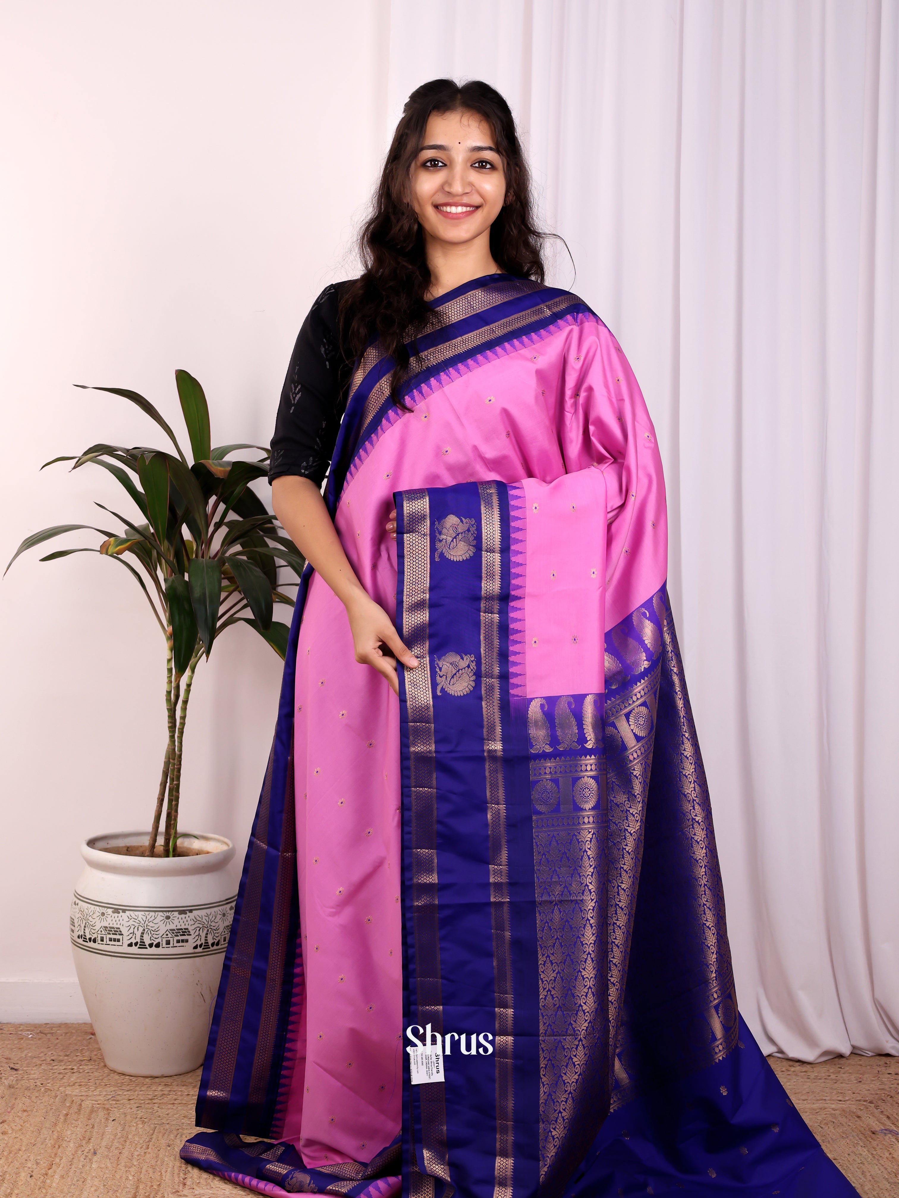 Pink & Blue - Gadwal halfpure Saree - Shop on Shrus.com