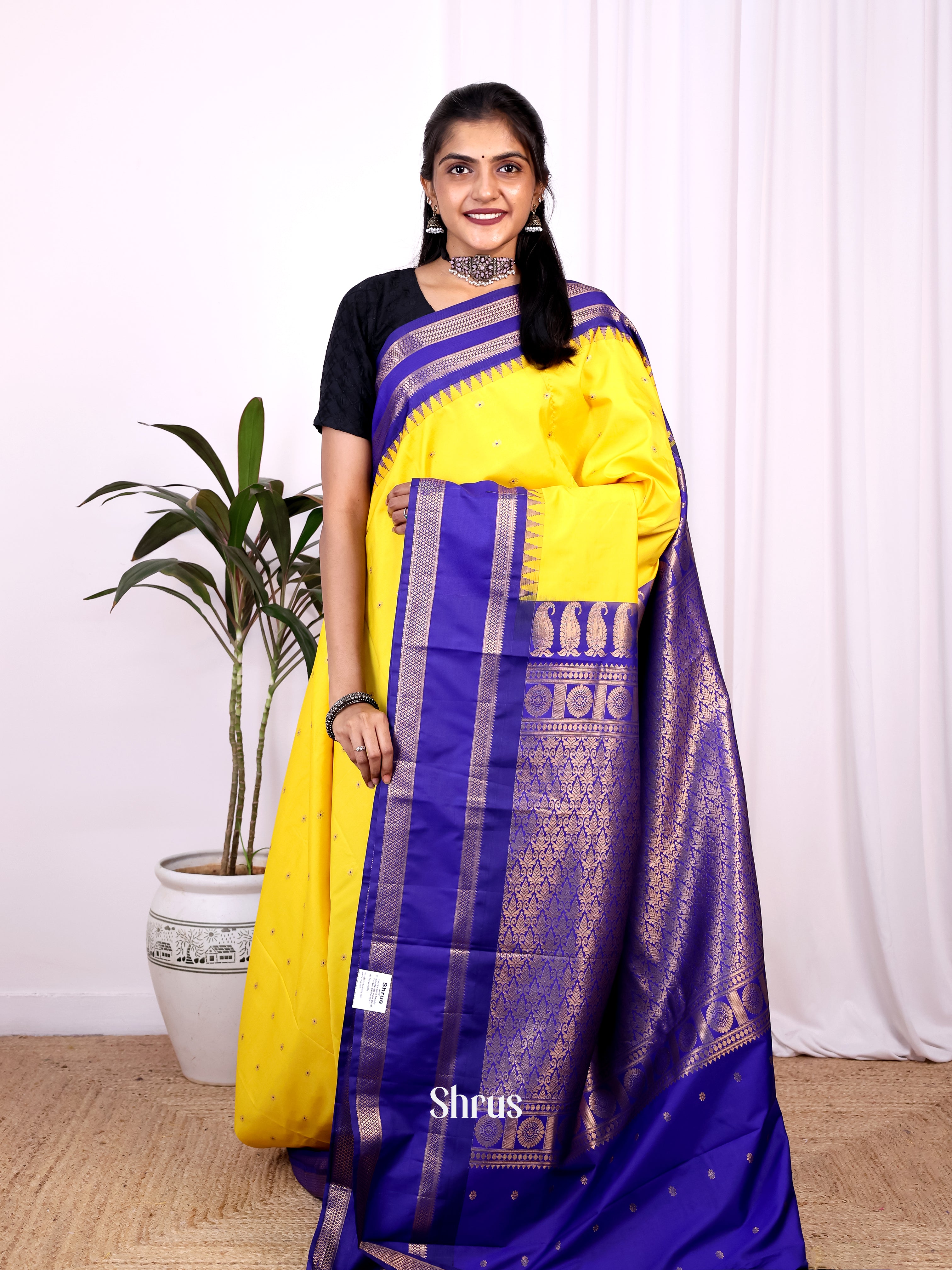 Yellow & Blue - Gadwal halfpure Saree - Shop on Shrus.com