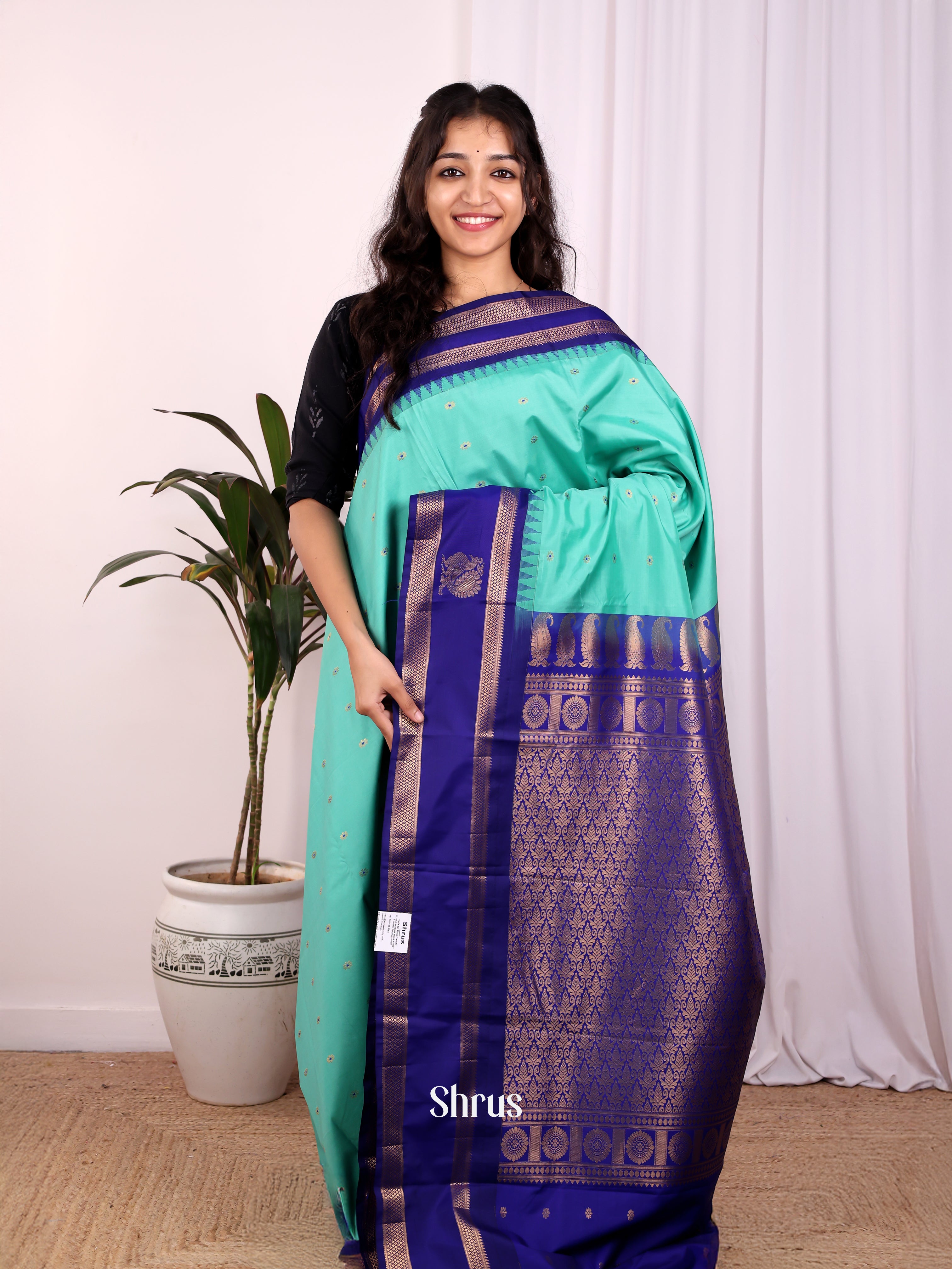 Teal & Blue - Gadwal halfpure Saree - Shop on Shrus.com