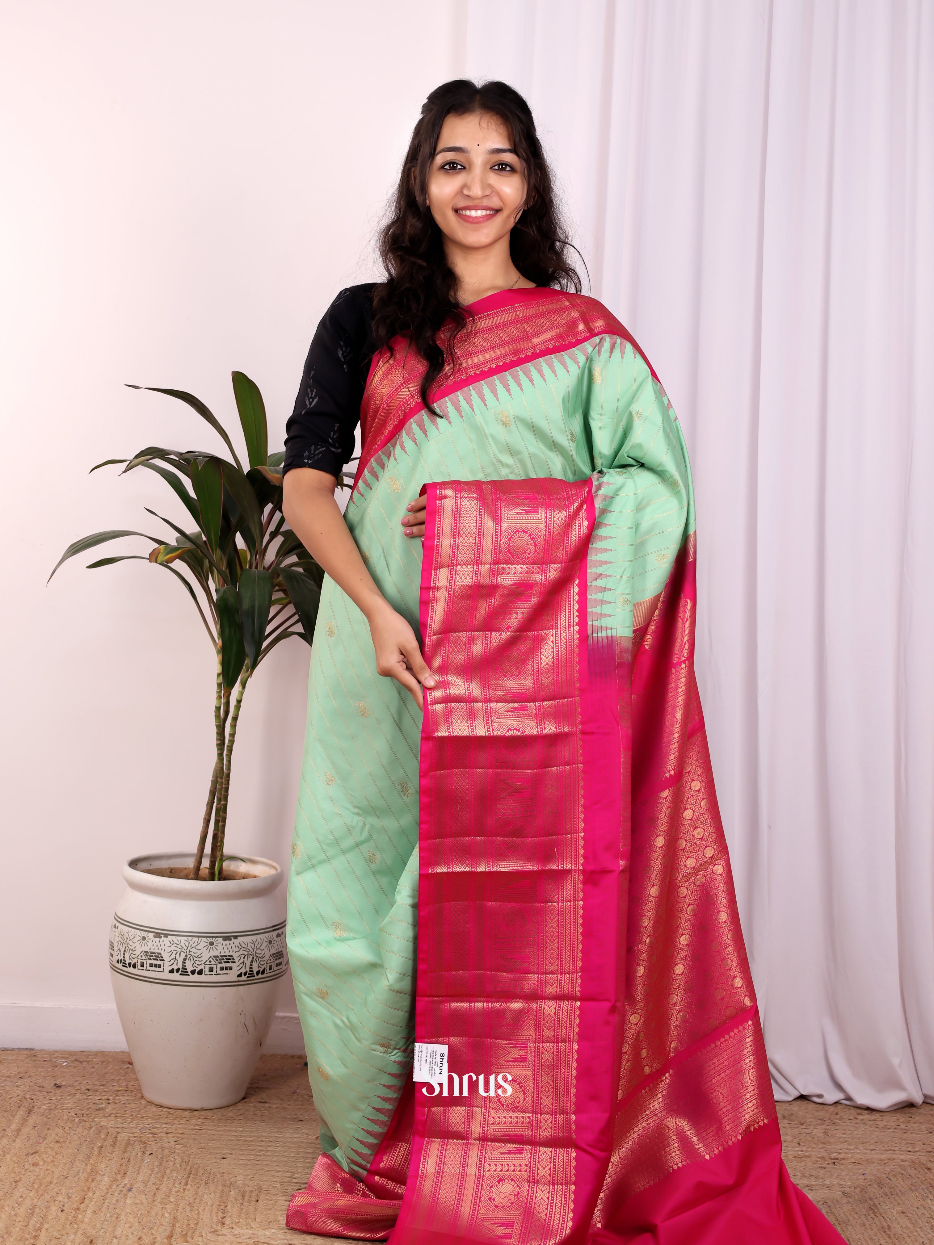 Pista Green & Pink- Gadwal halfpure Saree - Shop on Shrus.com
