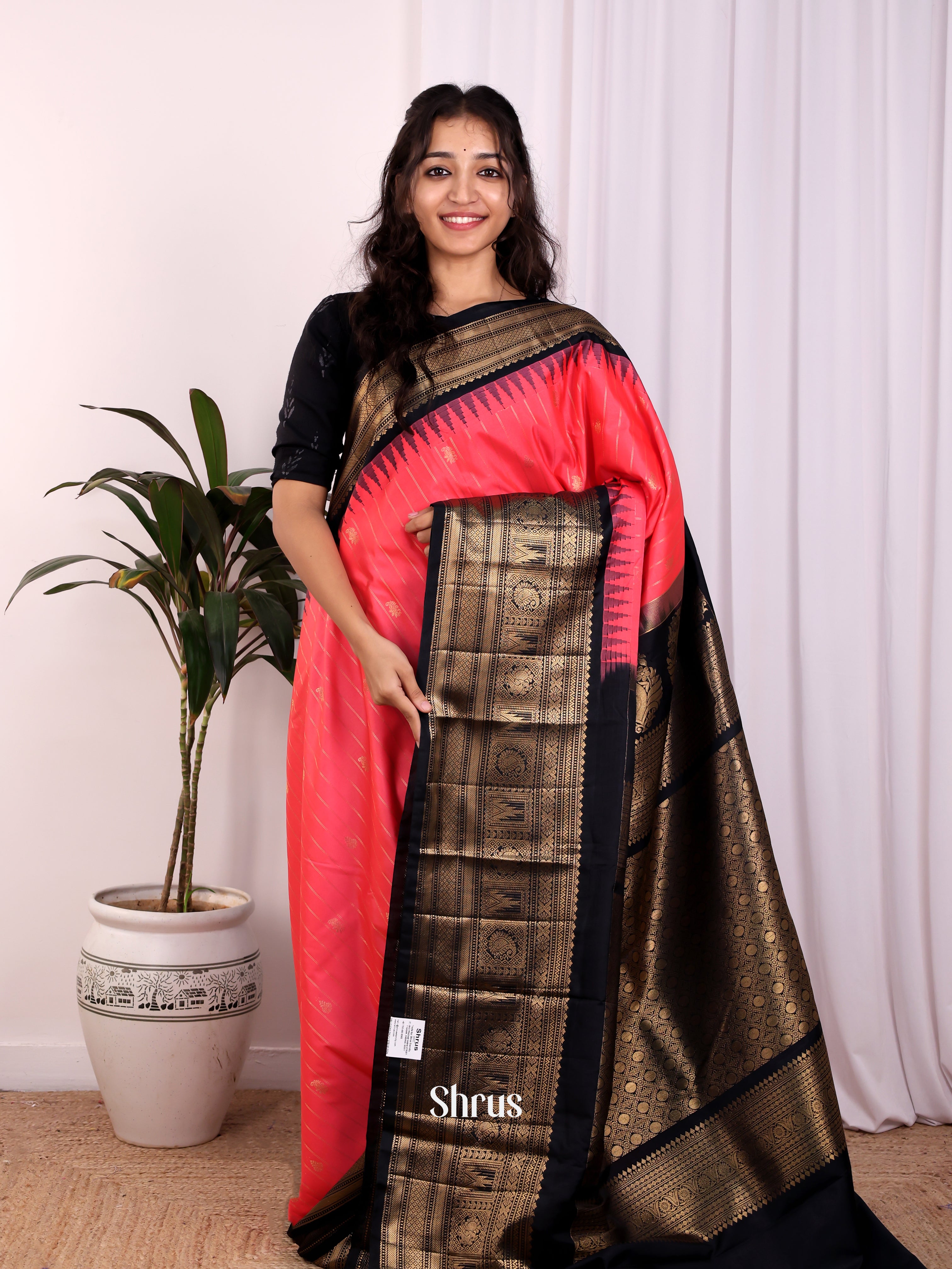Pink & Black - Gadwal halfpure Saree - Shop on Shrus.com