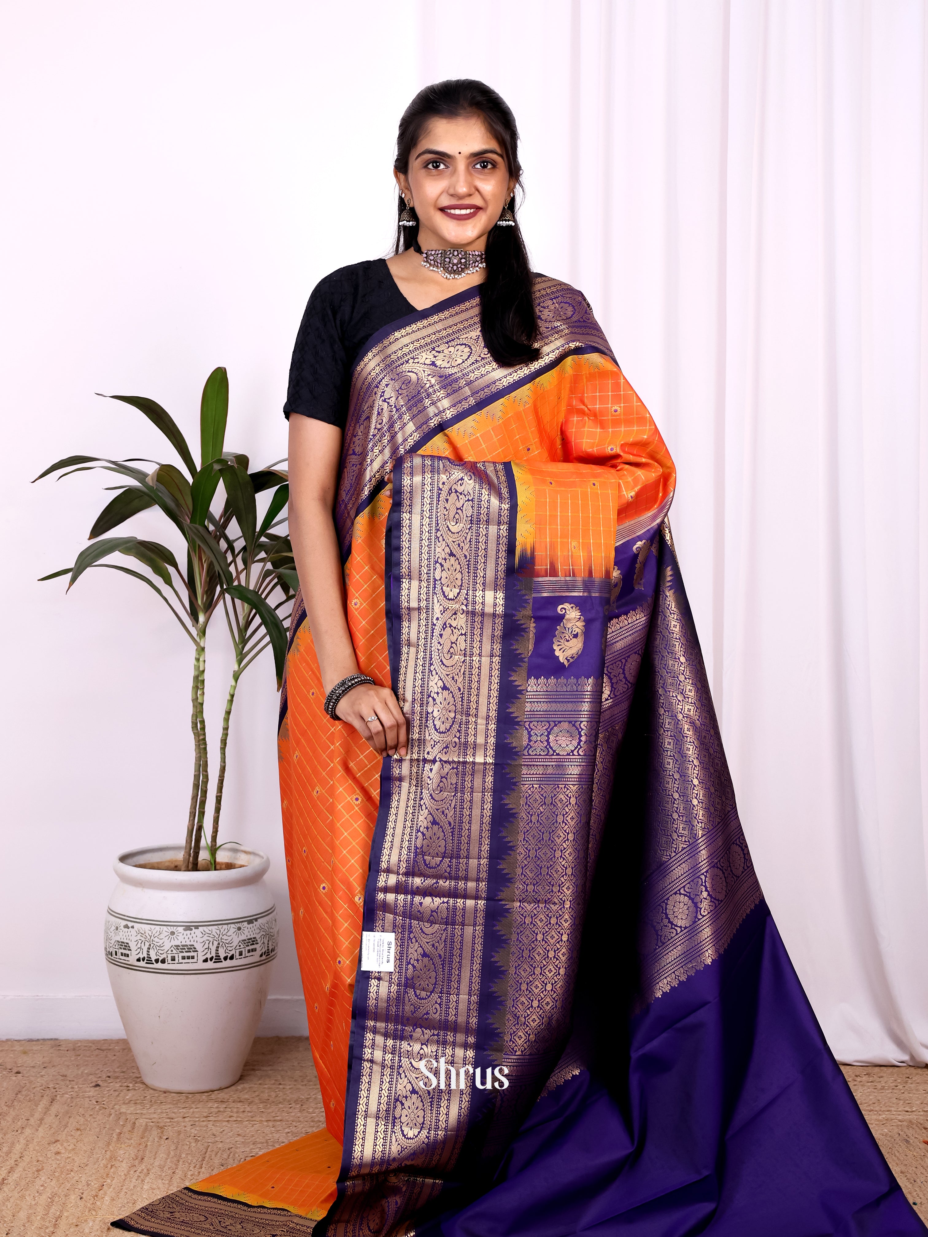 Orange & Blue - Gadwal halfpure Saree - Shop on Shrus.com