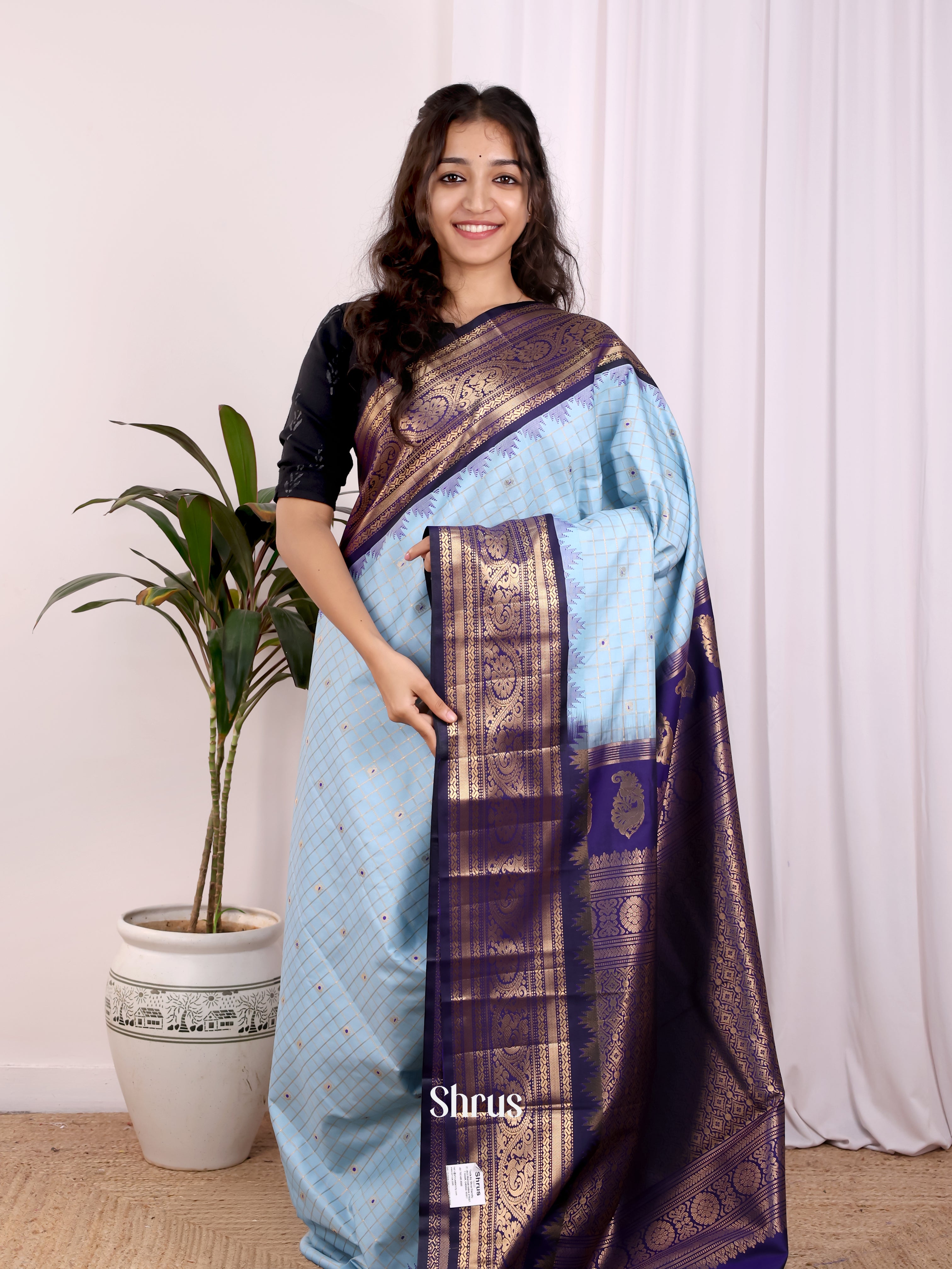 Lite Blue & Blue- Gadwal halfpure Saree - Shop on Shrus.com