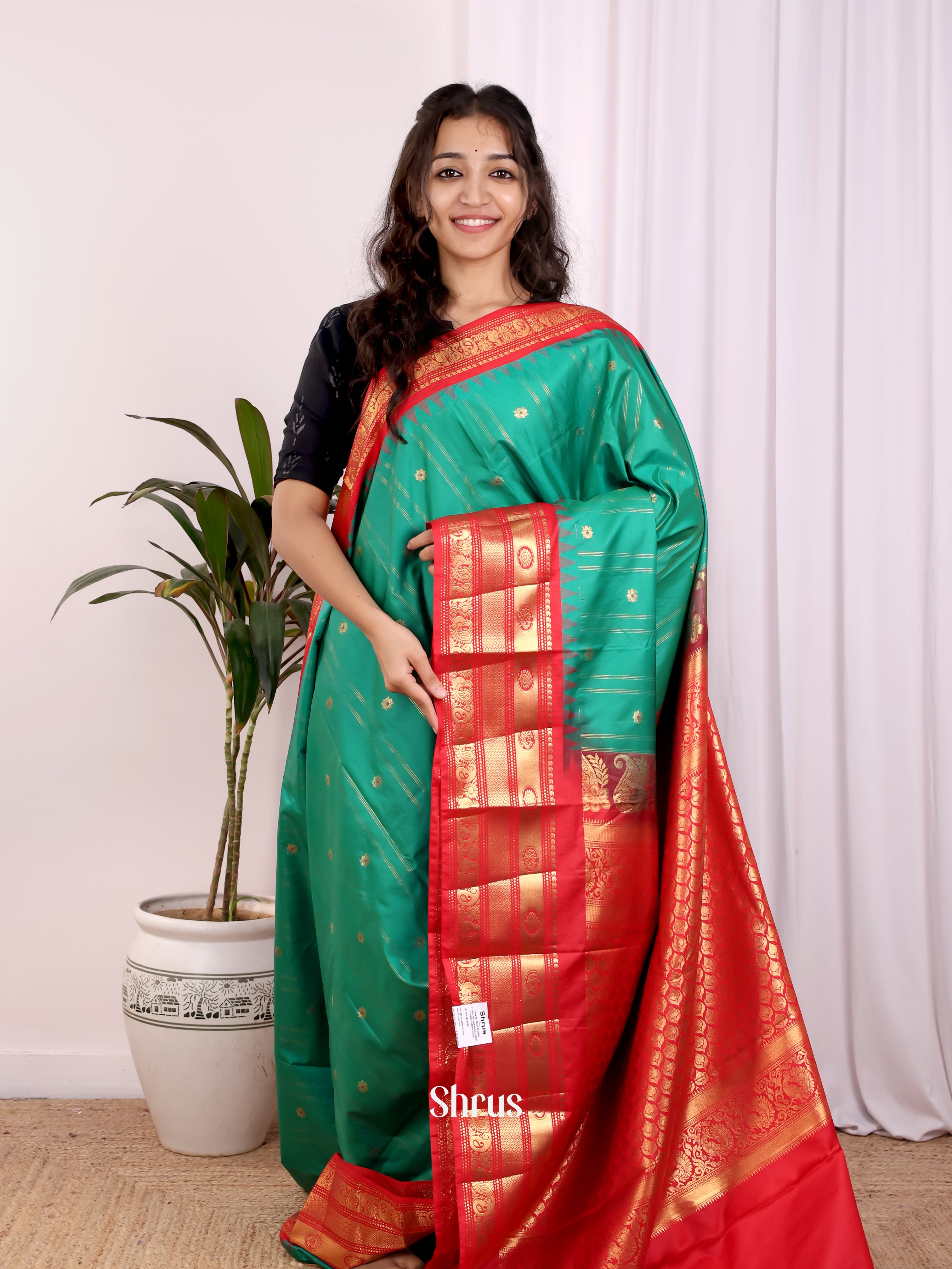 Green & Red - Gadwal halfpure Saree - Shop on Shrus.com