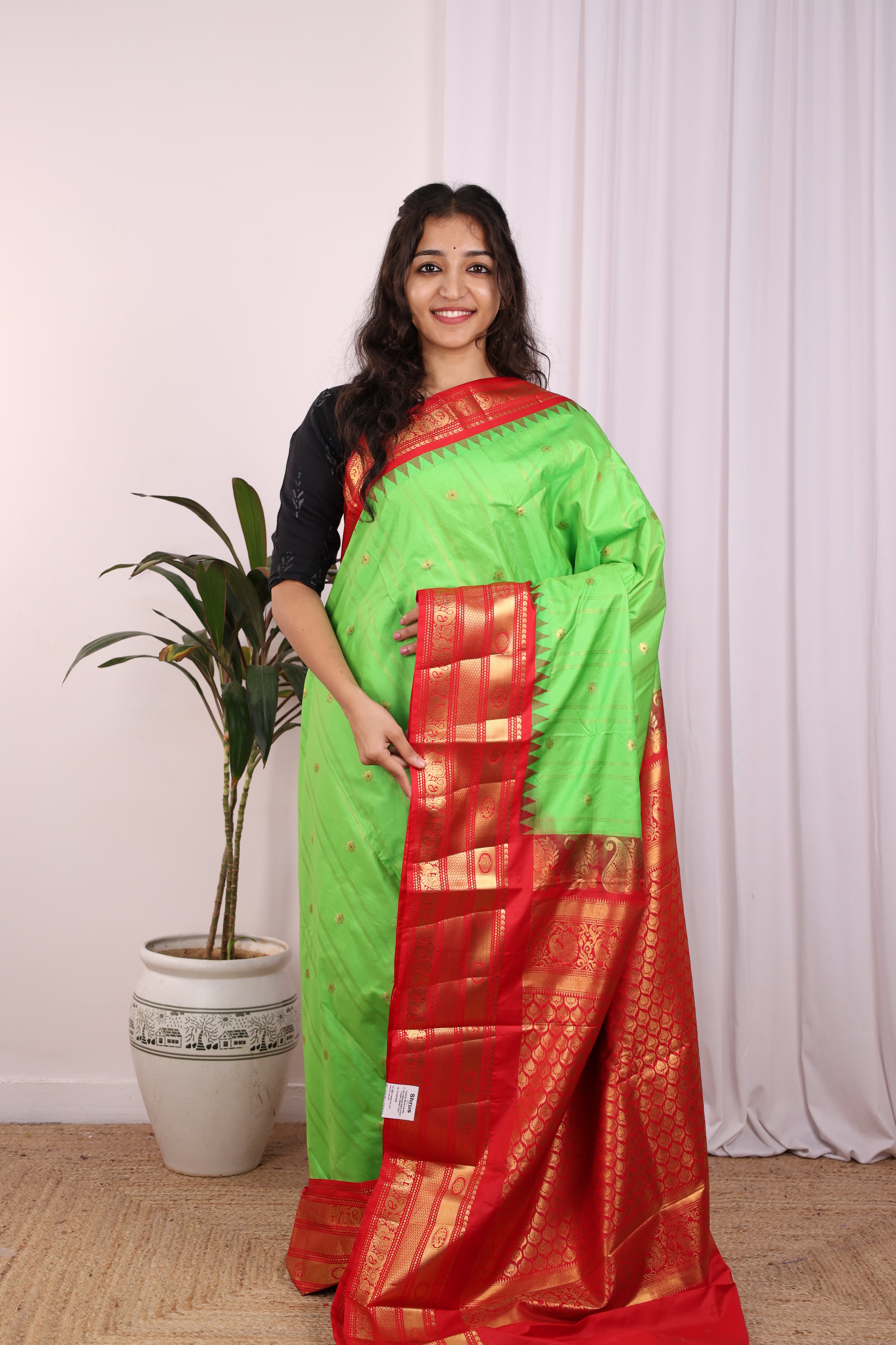 Pista Green & Red - Gadwal halfpure Saree - Shop on Shrus.com