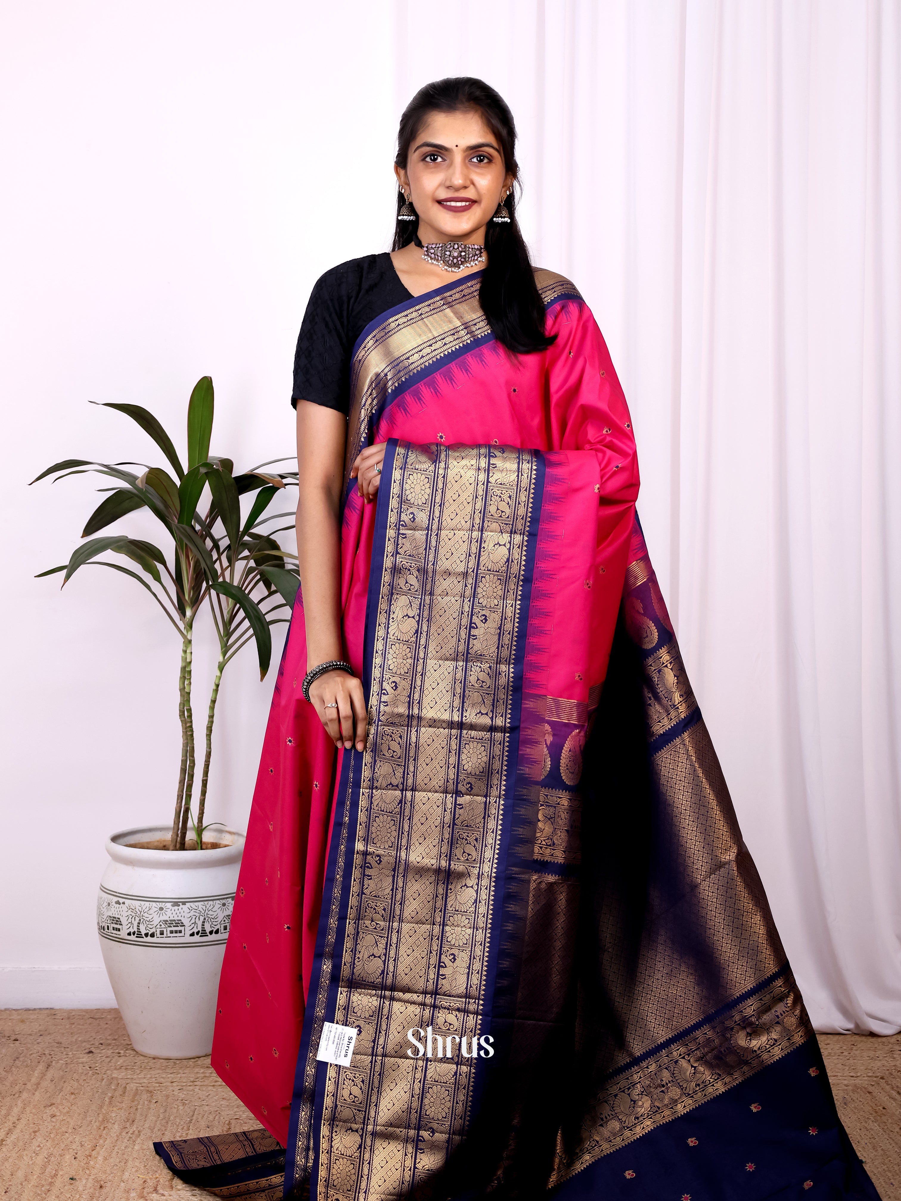 Pink & Blue - Gadwal halfpure Saree - Shop on Shrus.com