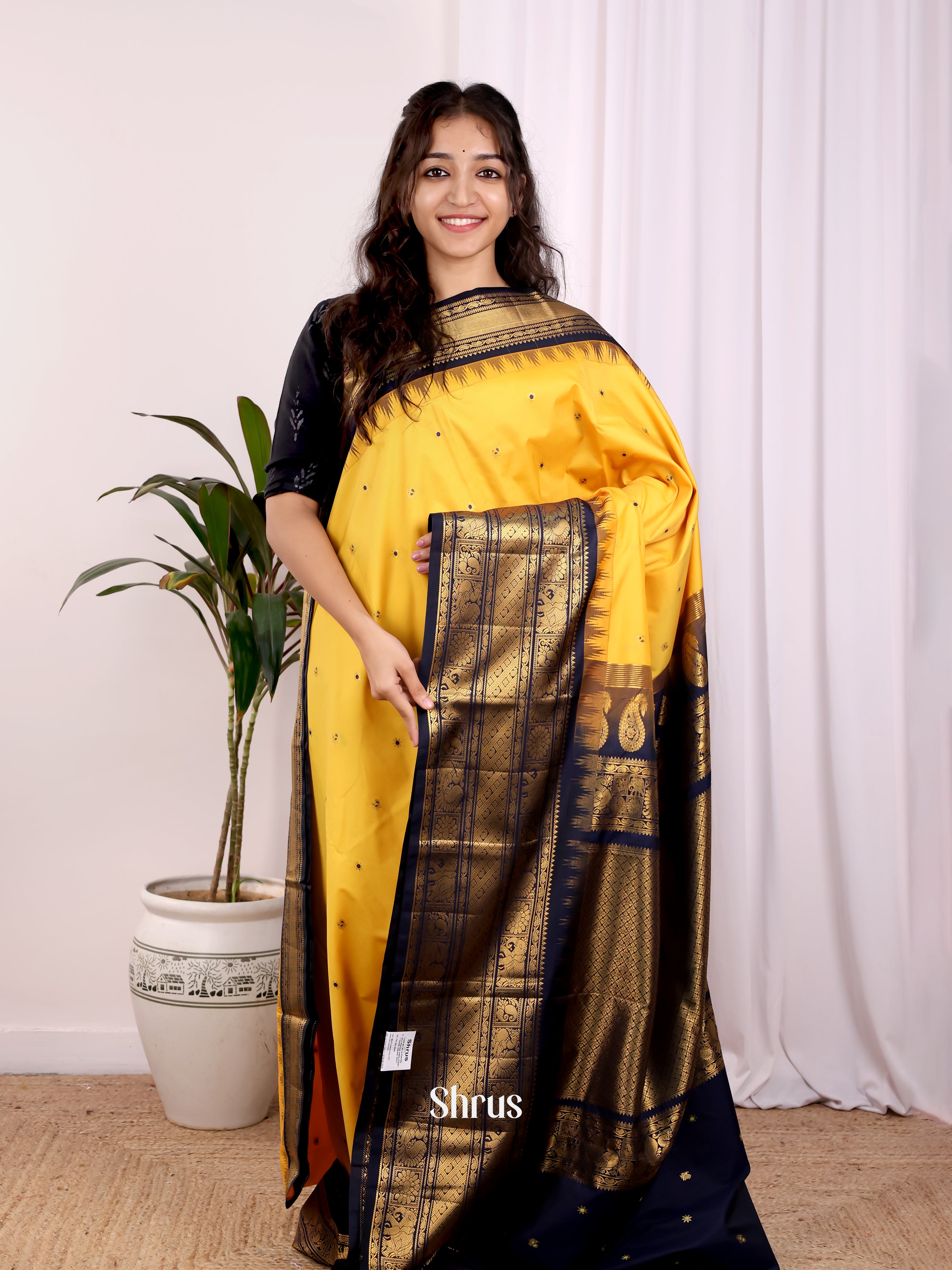Yellow & Blue - Gadwal halfpure Saree - Shop on Shrus.com