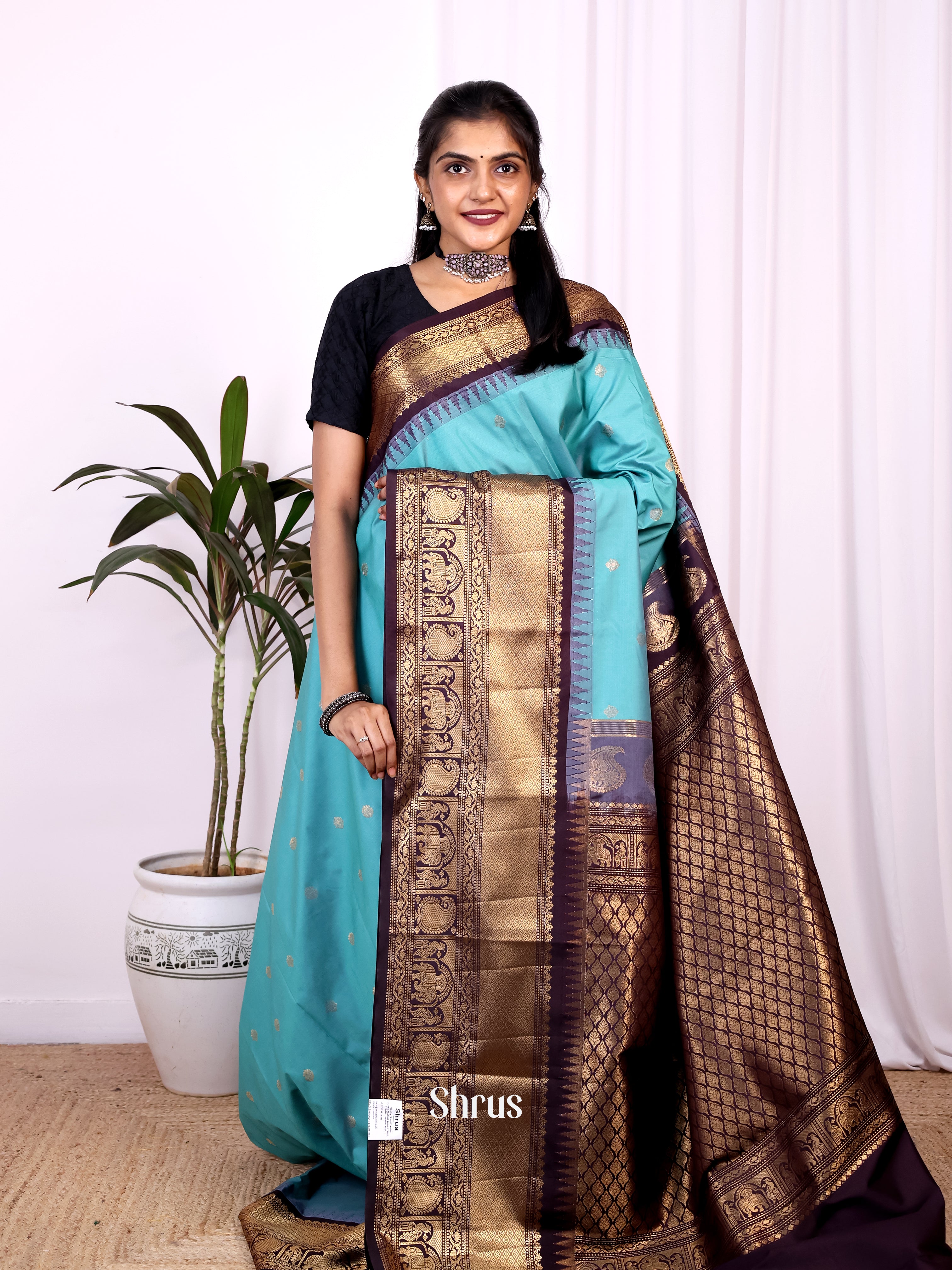 Teal & Brown- Gadwal halfpure Saree - Shop on Shrus.com