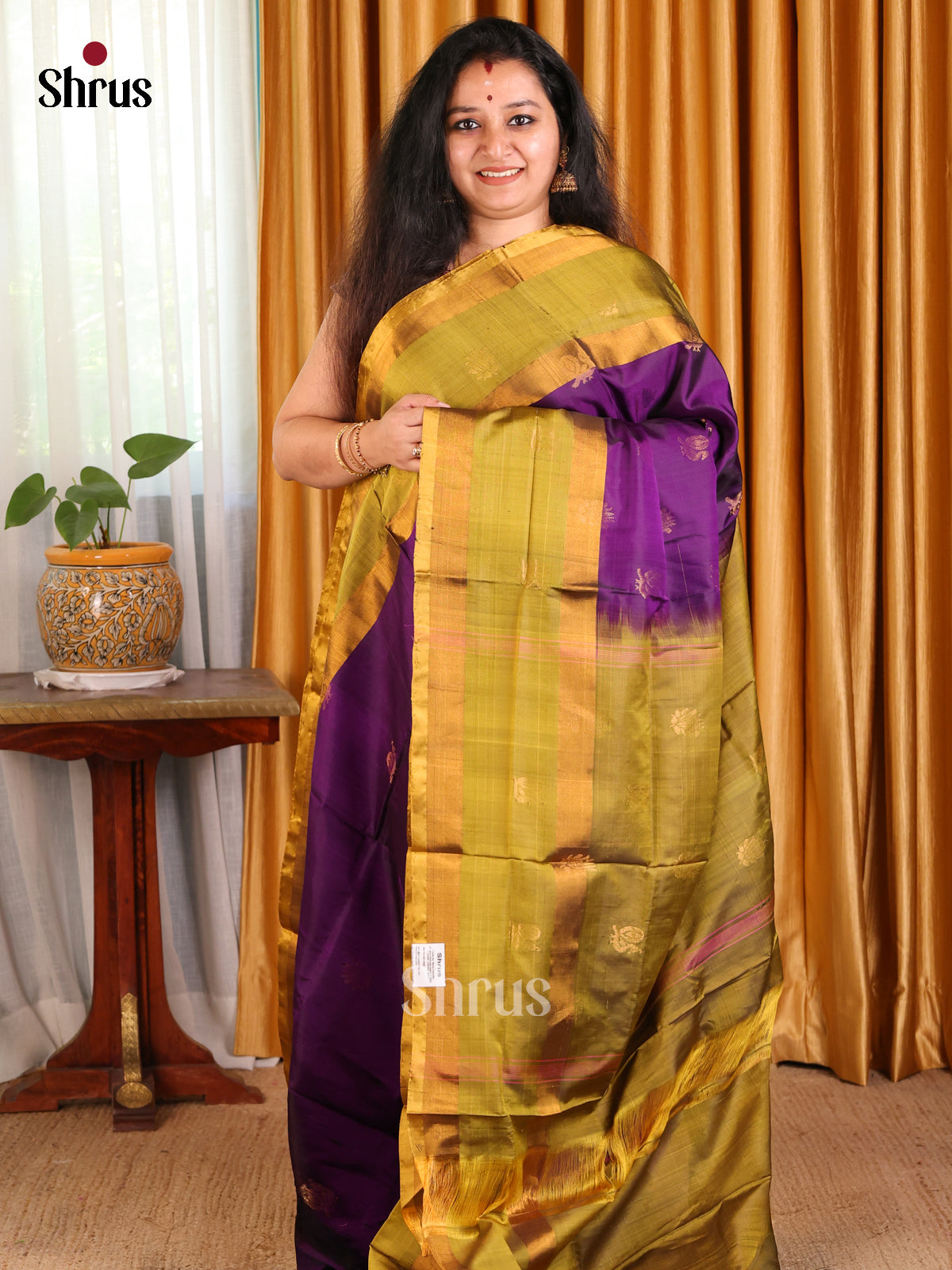 Classy Violet Uppada silk Saree with gold zari peacock buttas , green rettaipet zari border - Shop on Shrus.com