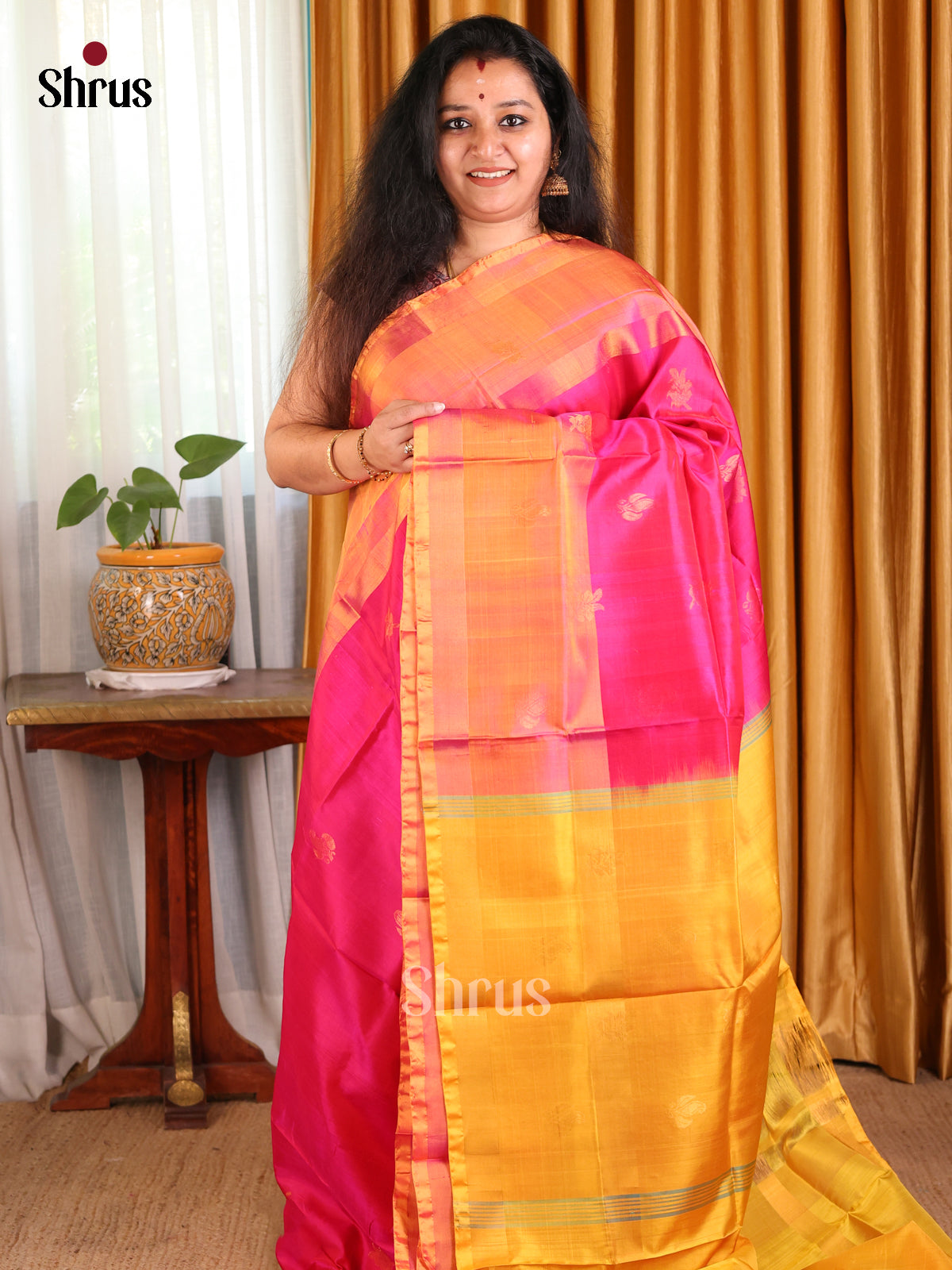Graceful Pink Uppada silk Saree with g old zari buttas , floral brocade pallu - Shop on Shrus.com