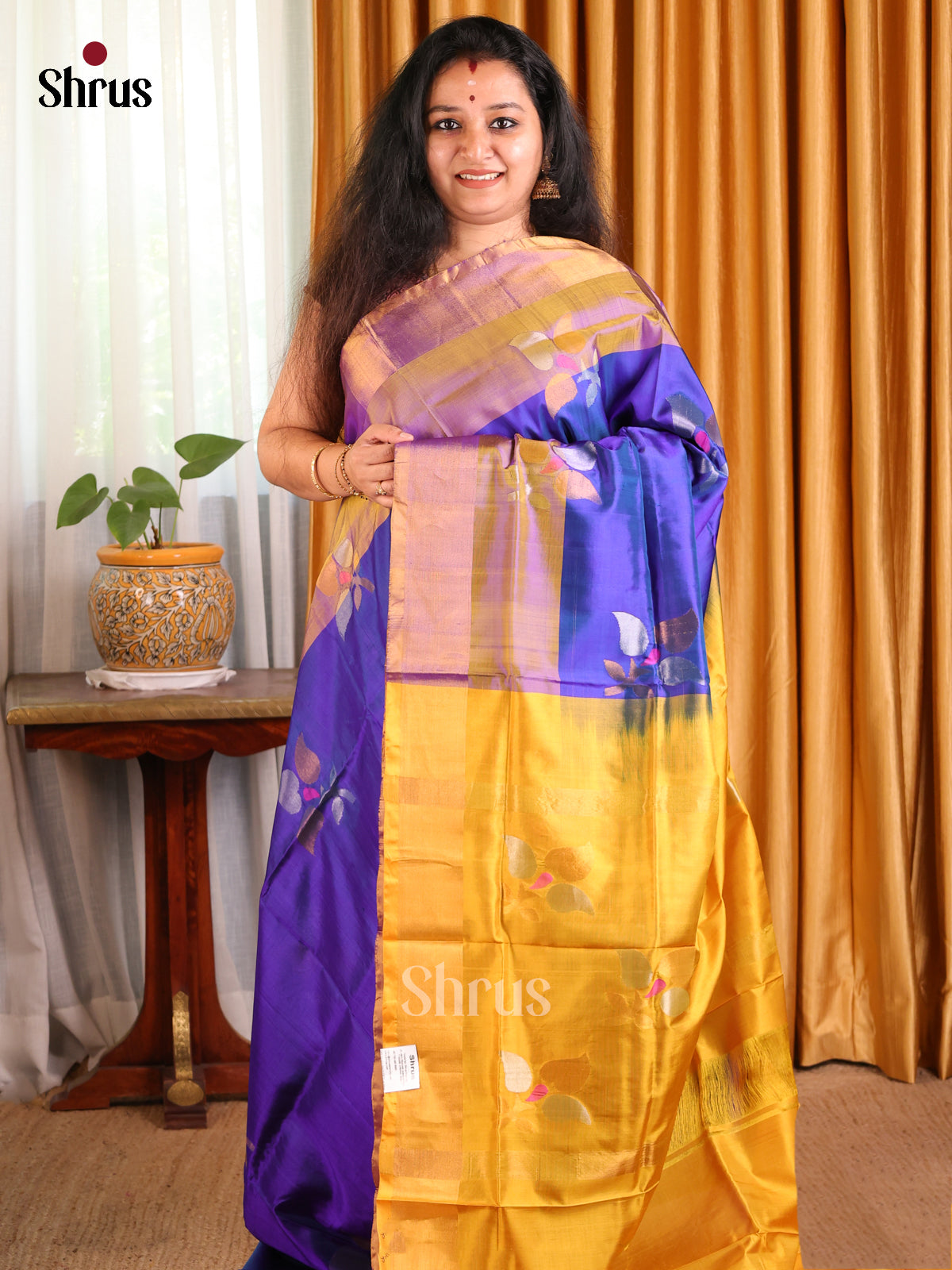 Vibrant Blue Uppada silk Saree with gold, silver zari floral, mustard pallu - Shop on Shrus.com
