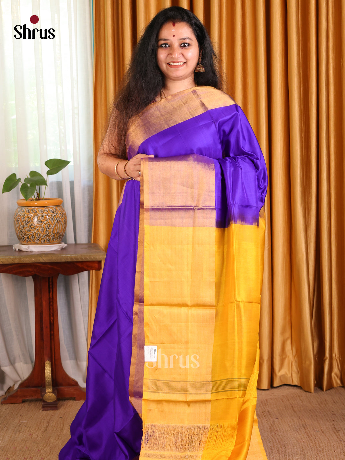 Chic Blue plain Uppada silk Saree with contrast Mustard pallu - Shop on Shrus.com