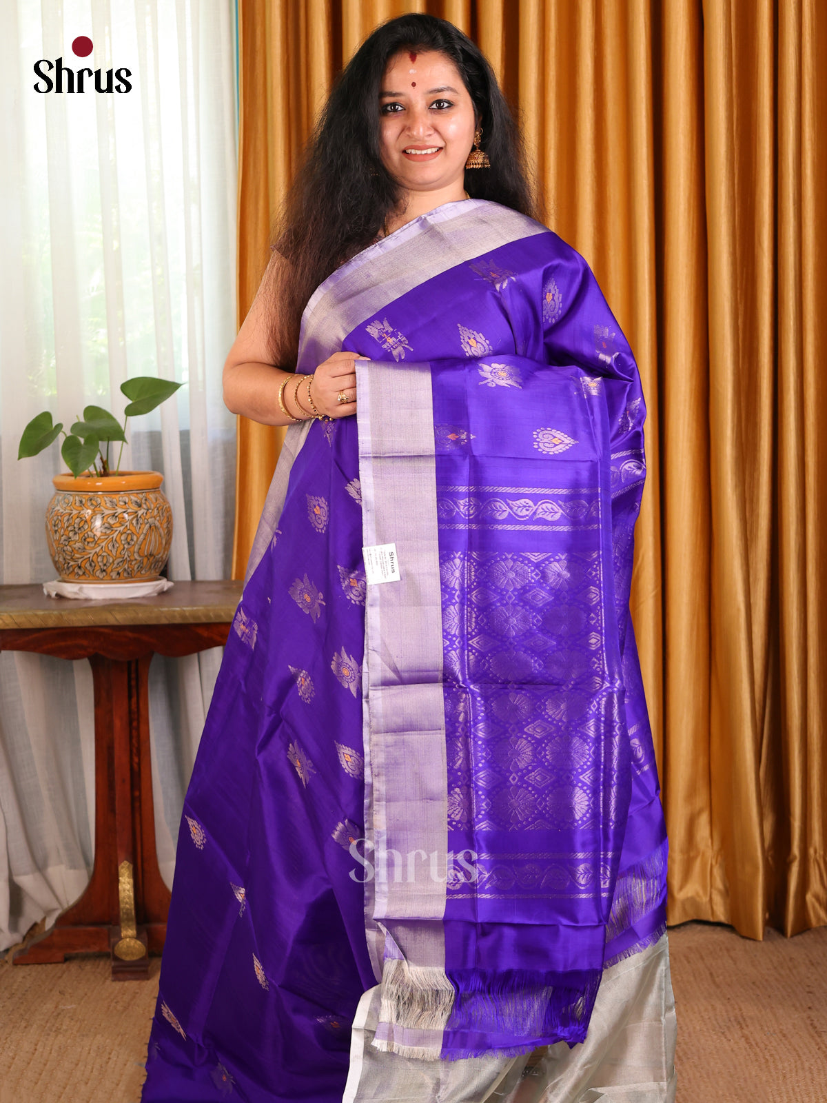 Chic Blue Uppada silk Saree with gold zari woven floral buttas , brocade pallu - Shop on Shrus.com