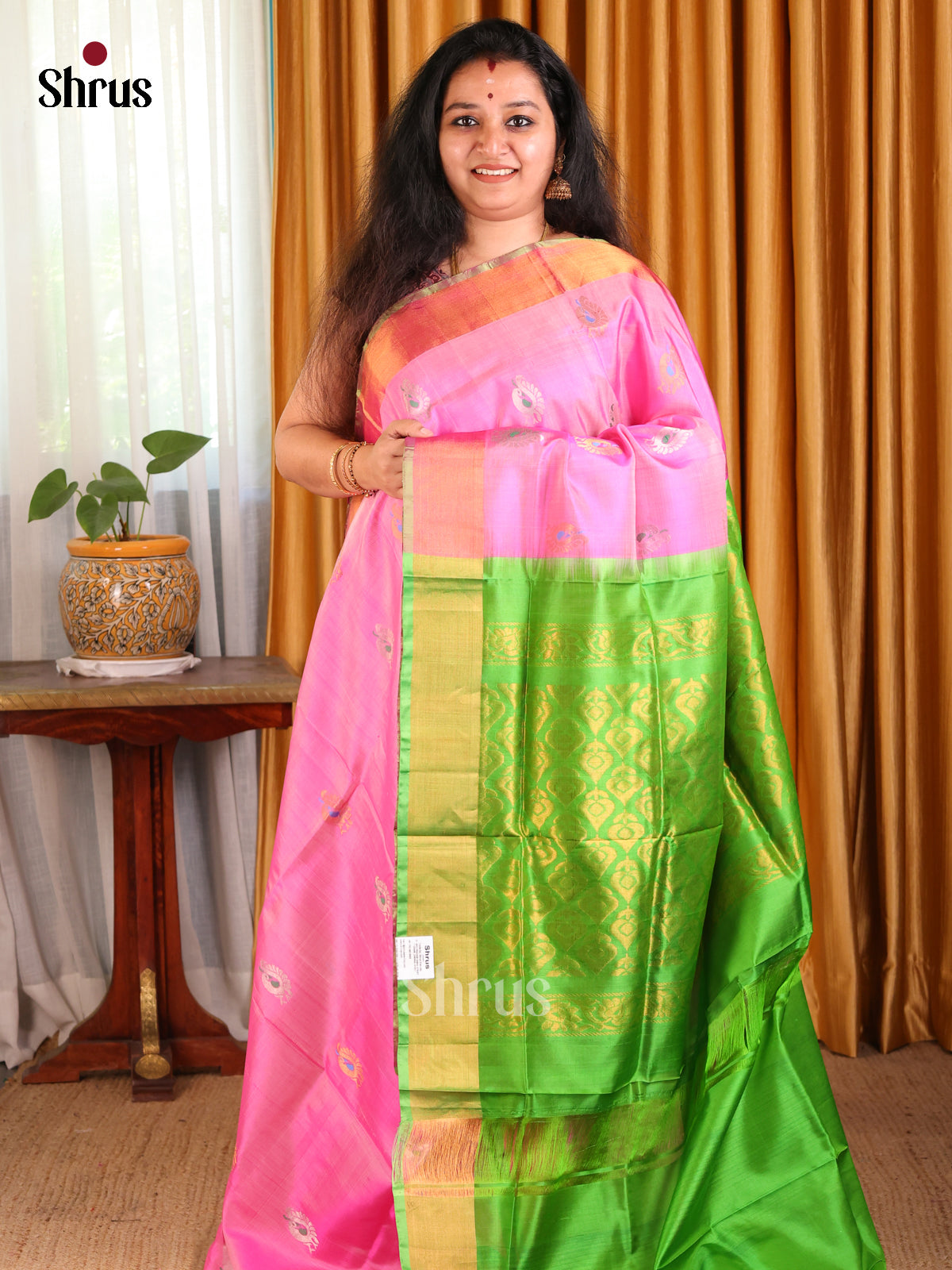 Lustrous Pink Uppada silk Saree with meenakari buttas , floral brocade pallu - Shop on Shrus.com