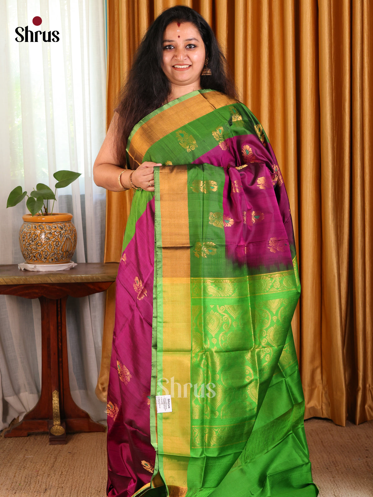 Glimmering Purple Uppada silk Saree with zari woven floral buttas ,contrast kaddi zari border - Shop on Shrus.com
